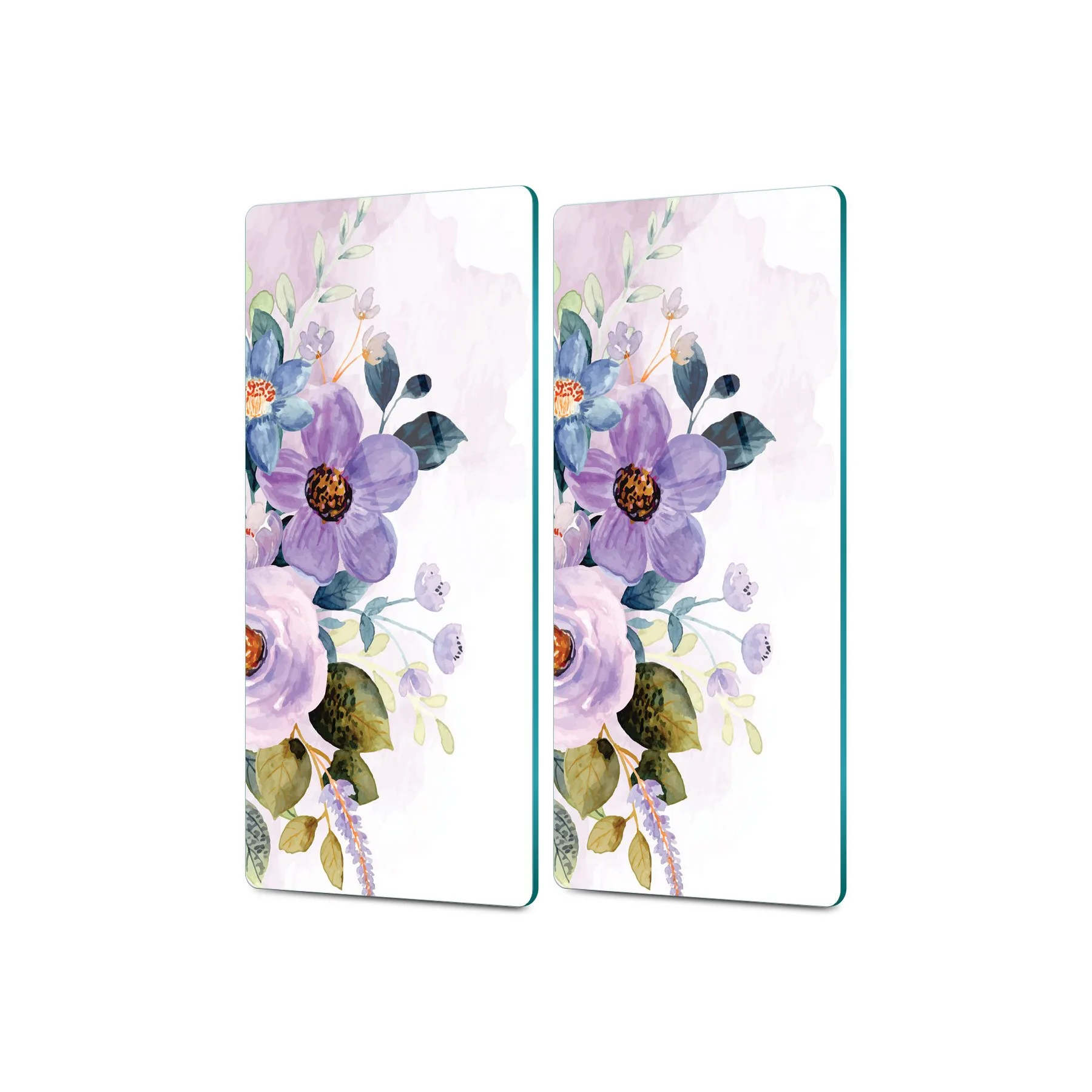 Decovetro Cam Kahve Sofra Sunum Tablası 2'li Suluboya Mor Çiçek Desenli 30 x 15 Cm