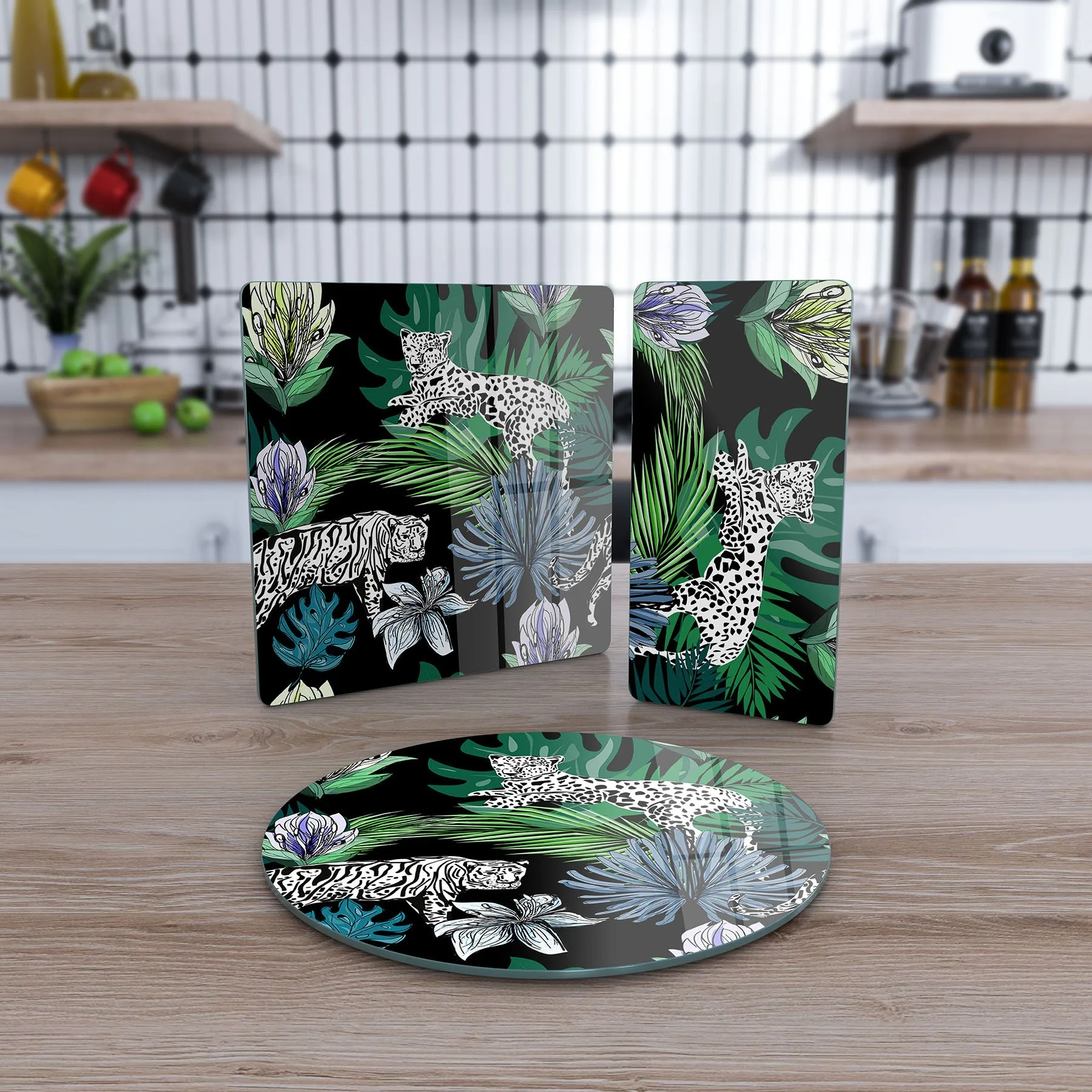 Decovetro Cam Sunum Servis Tabağı 3'lü Karma Set Vintage Leopar Desenli
