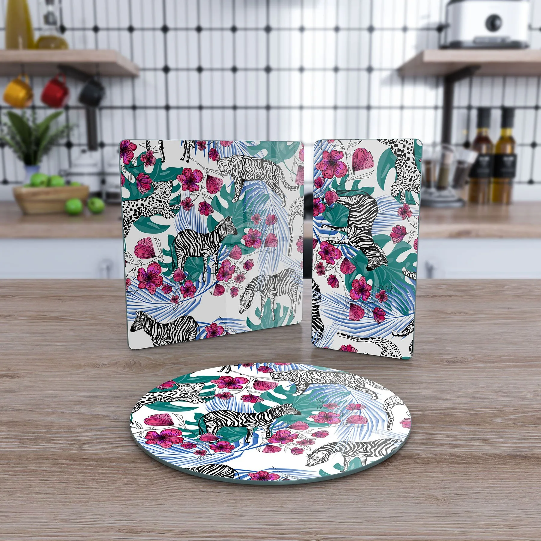 Decovetro Cam Sunum Servis Tabağı 3'lü Karma Set Vintage Zebra Desenli