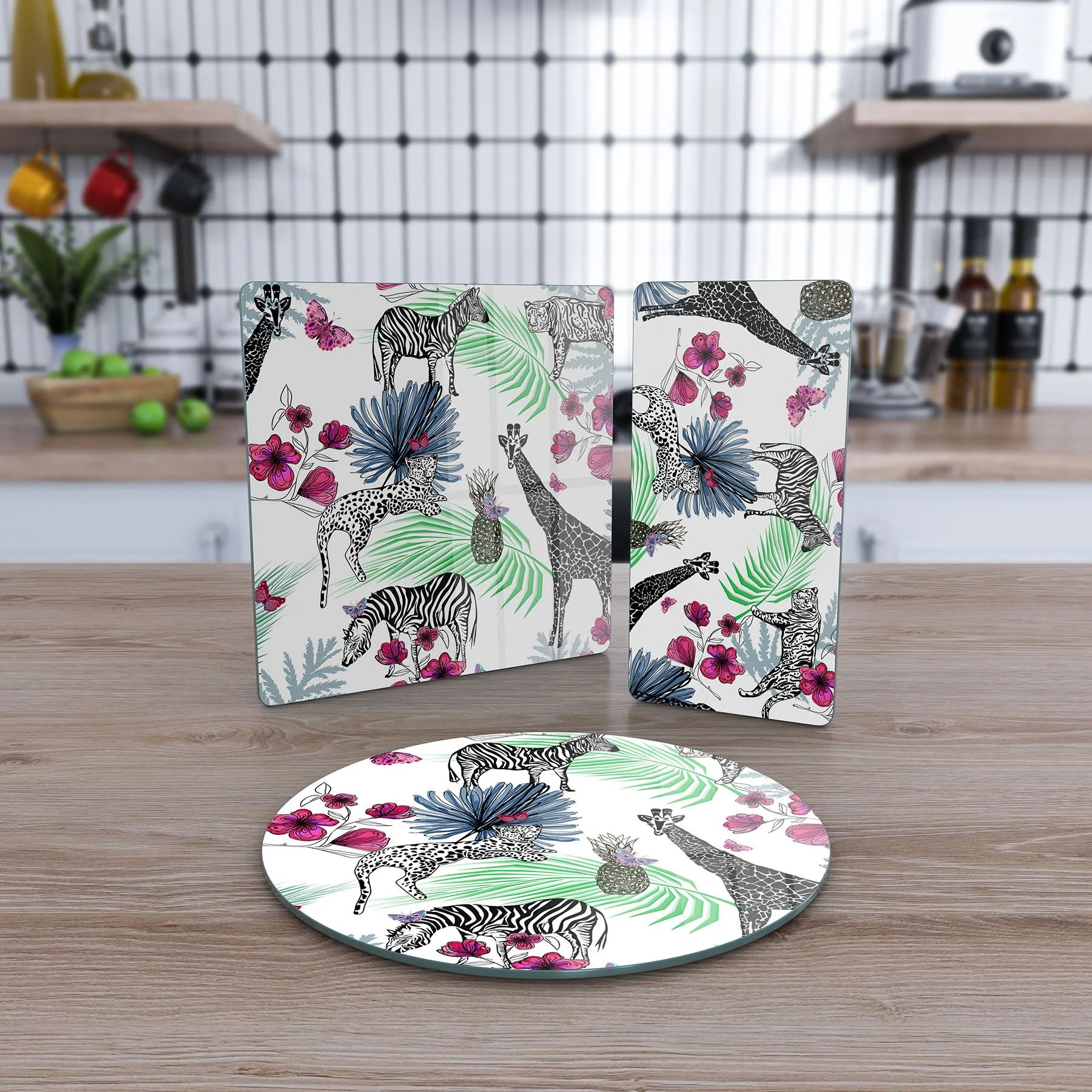 Decovetro Cam Sunum Servis Tabağı 3'lü Karma Set Vintage Zürafa Desenli