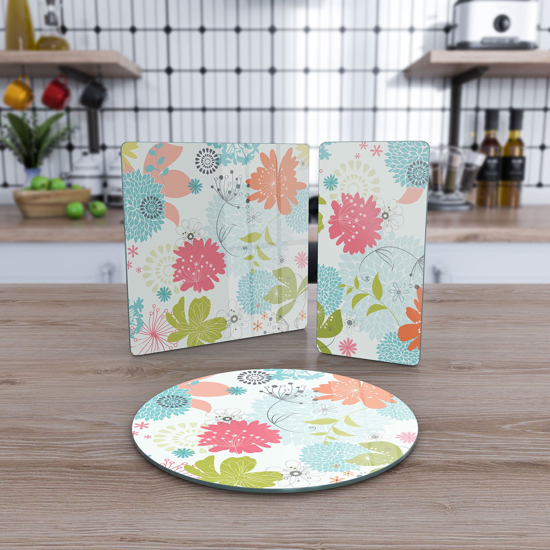 Decovetro Cam Sunum Servis Tabağı 3'lü Karma Set Bahar Çiçekleri Desenli