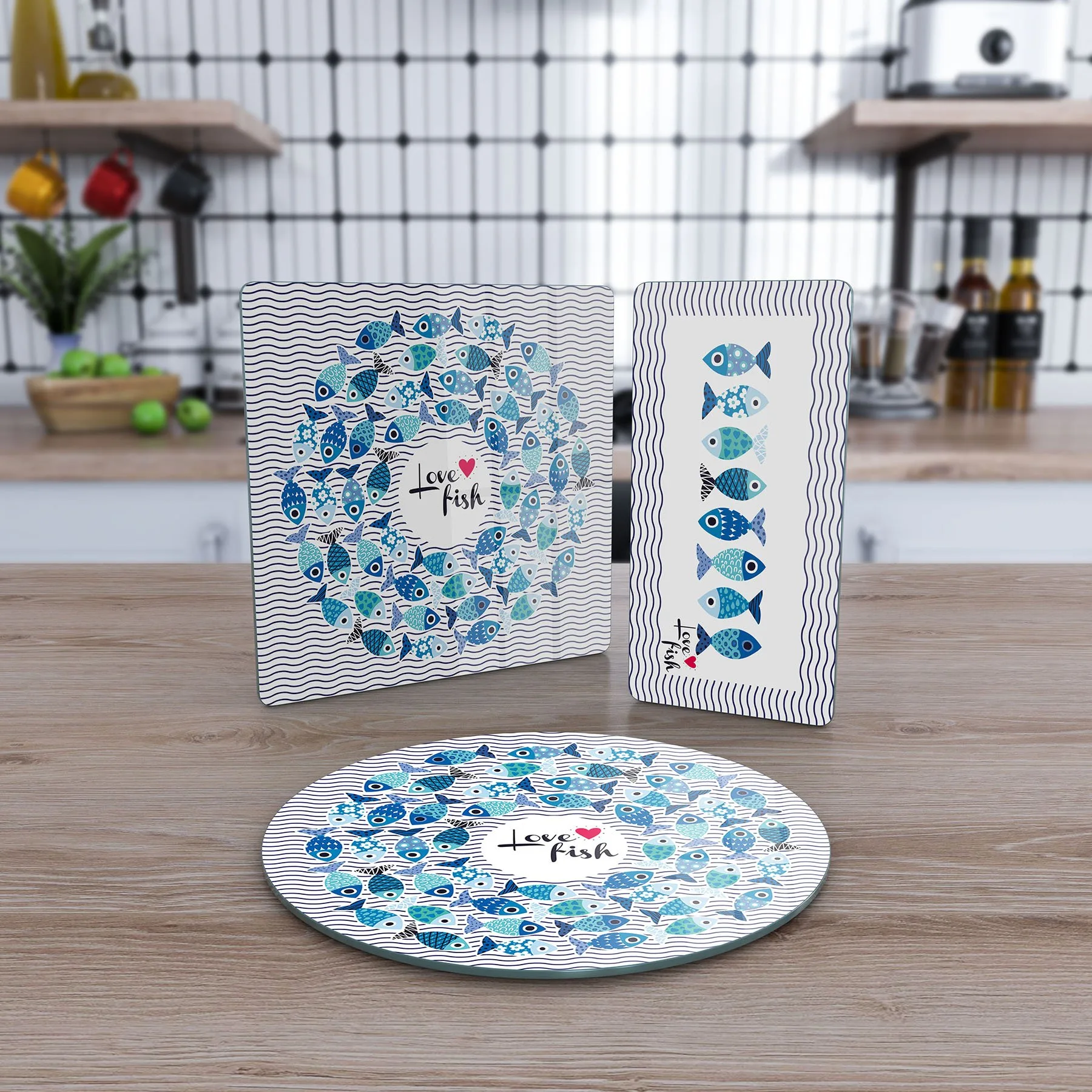 Decovetro Cam Sunum Servis Tabağı 3'lü Karma Set Marine Cute Fish