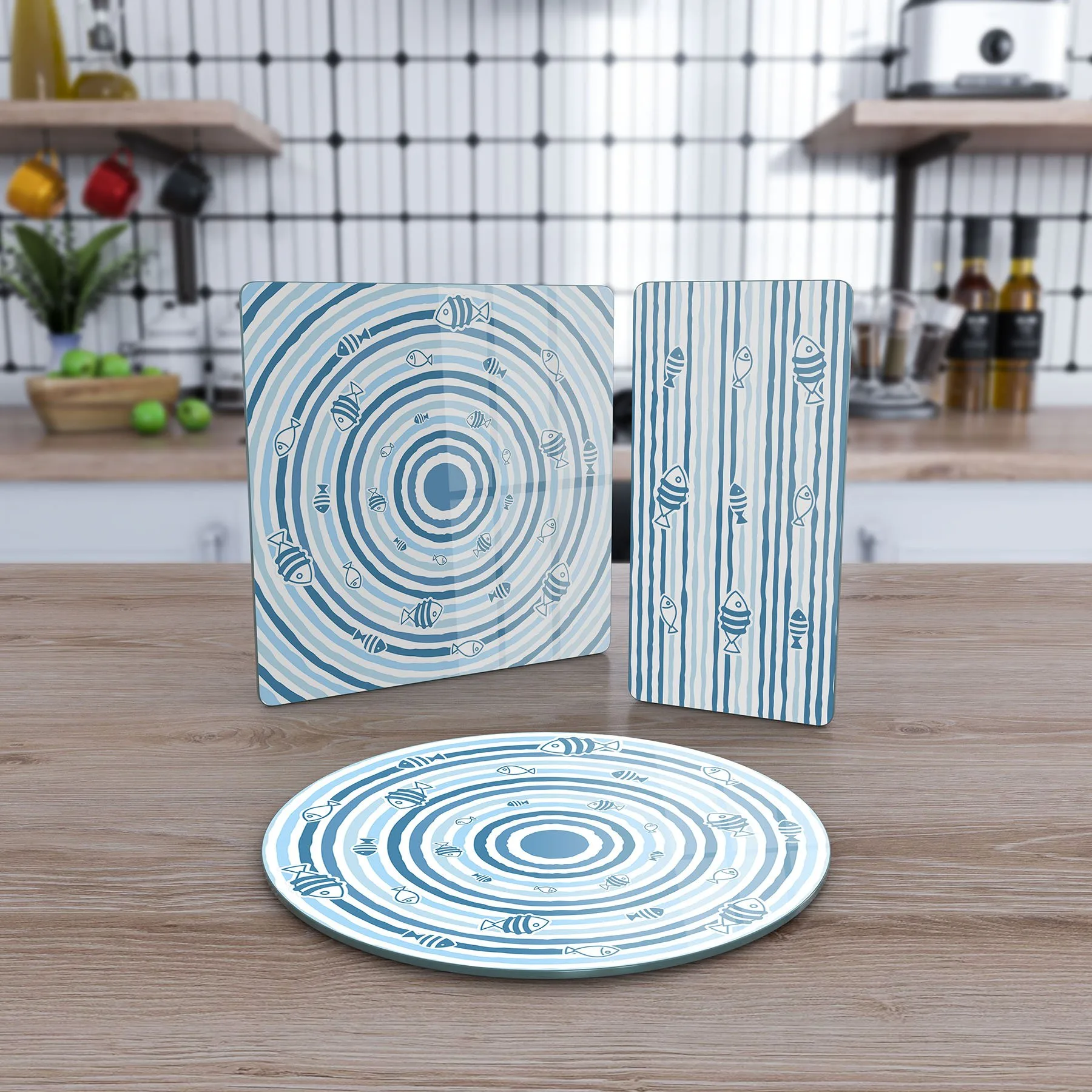 Decovetro Cam Sunum Servis Tabağı 3'lü Karma Set Marine Blue Fish Line