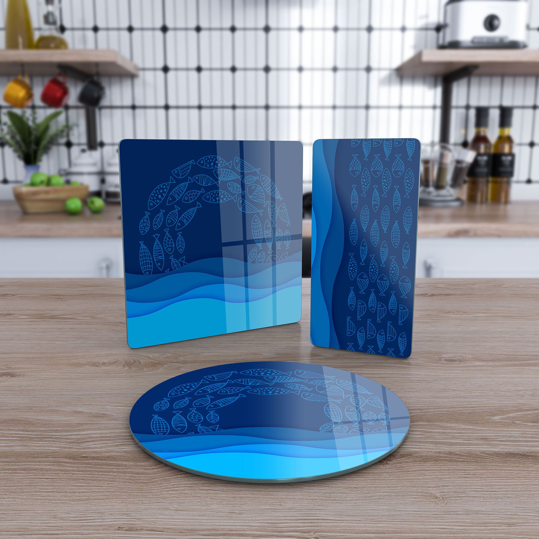 Decovetro Cam Sunum Servis Tabağı 3'lü Karma Marine Blue Waves
