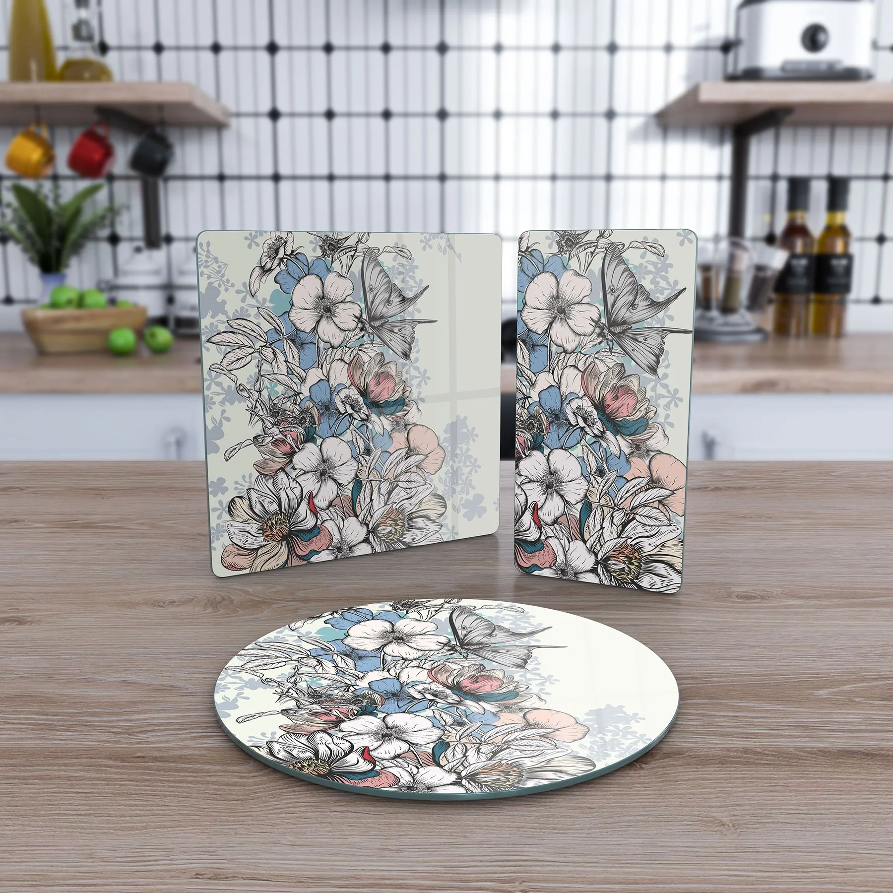 Decovetro Cam Sunum Servis Tabağı 3'lü Karma Set Vintage Karışık Çiçek Deseni