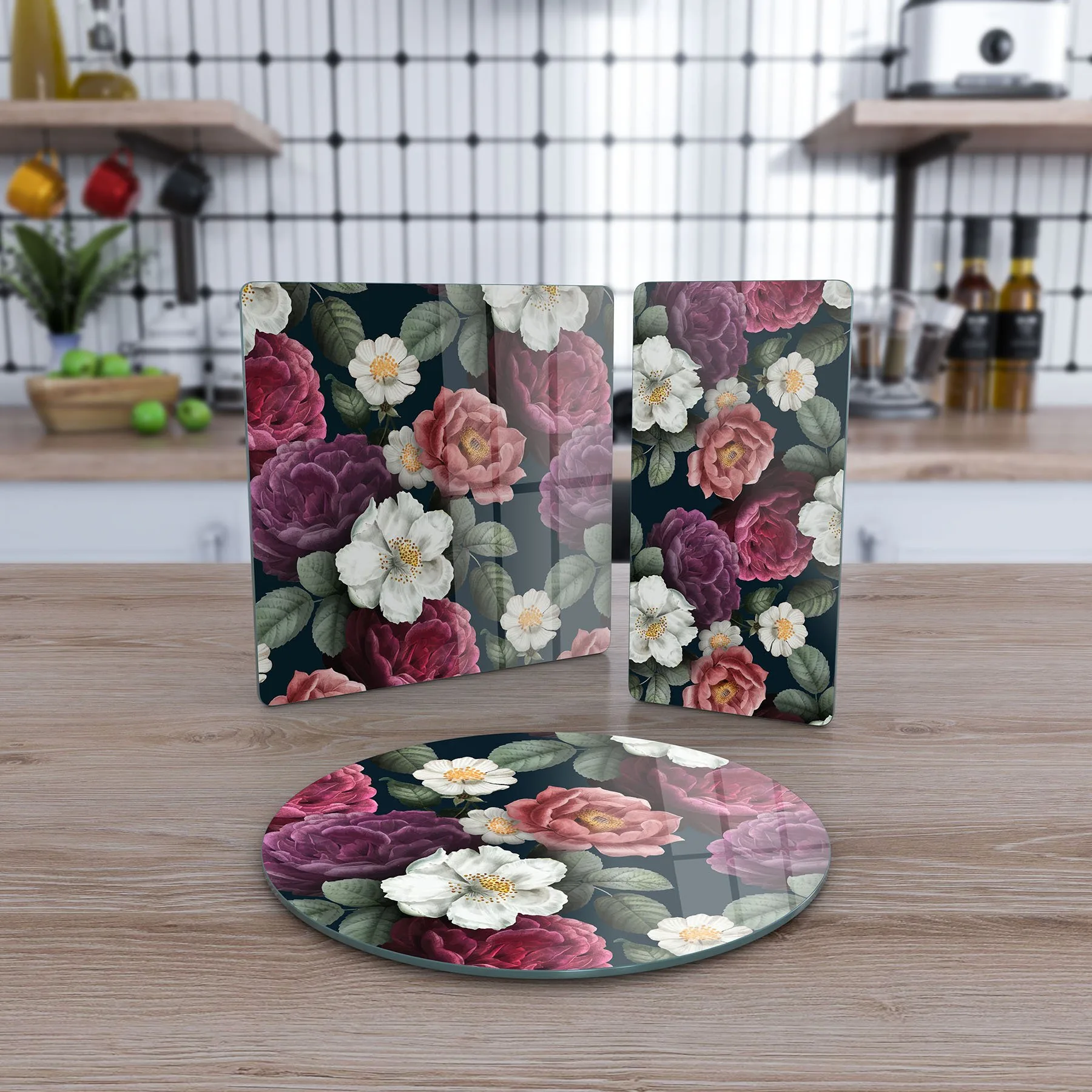 Decovetro Cam Sunum Servis Tabağı 3'lü Karma Set Vintage Gül Desenli