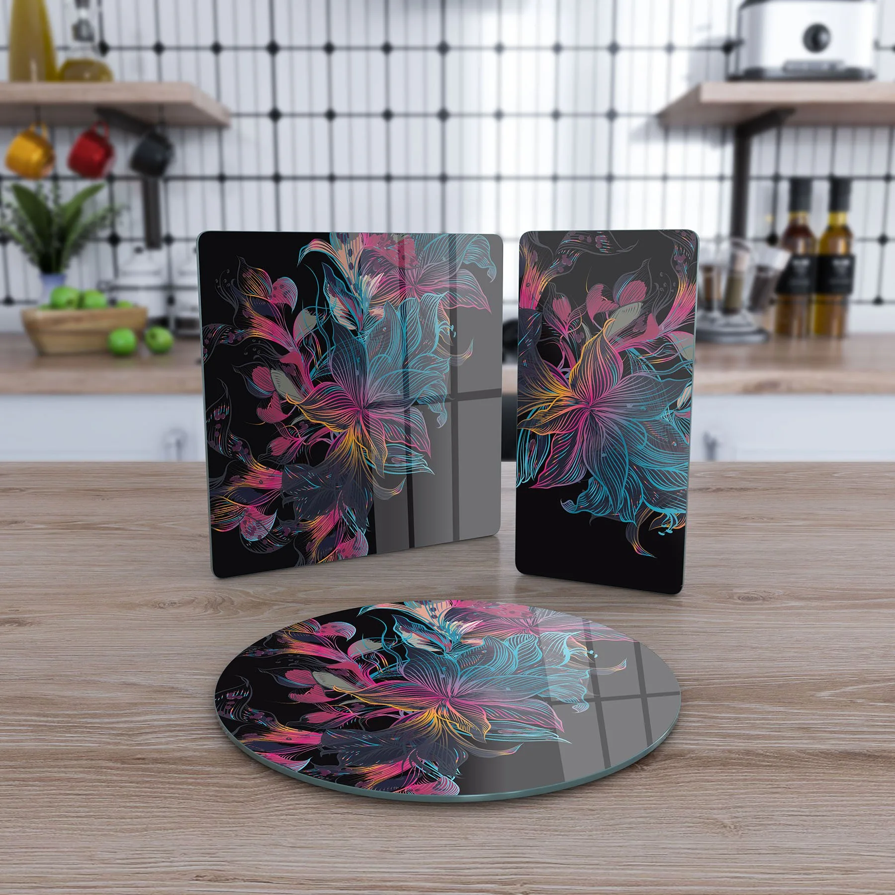 Decovetro Cam Sunum Servis Tabağı 3'lü Karma Set Siyah Neon Çiçek Desenli