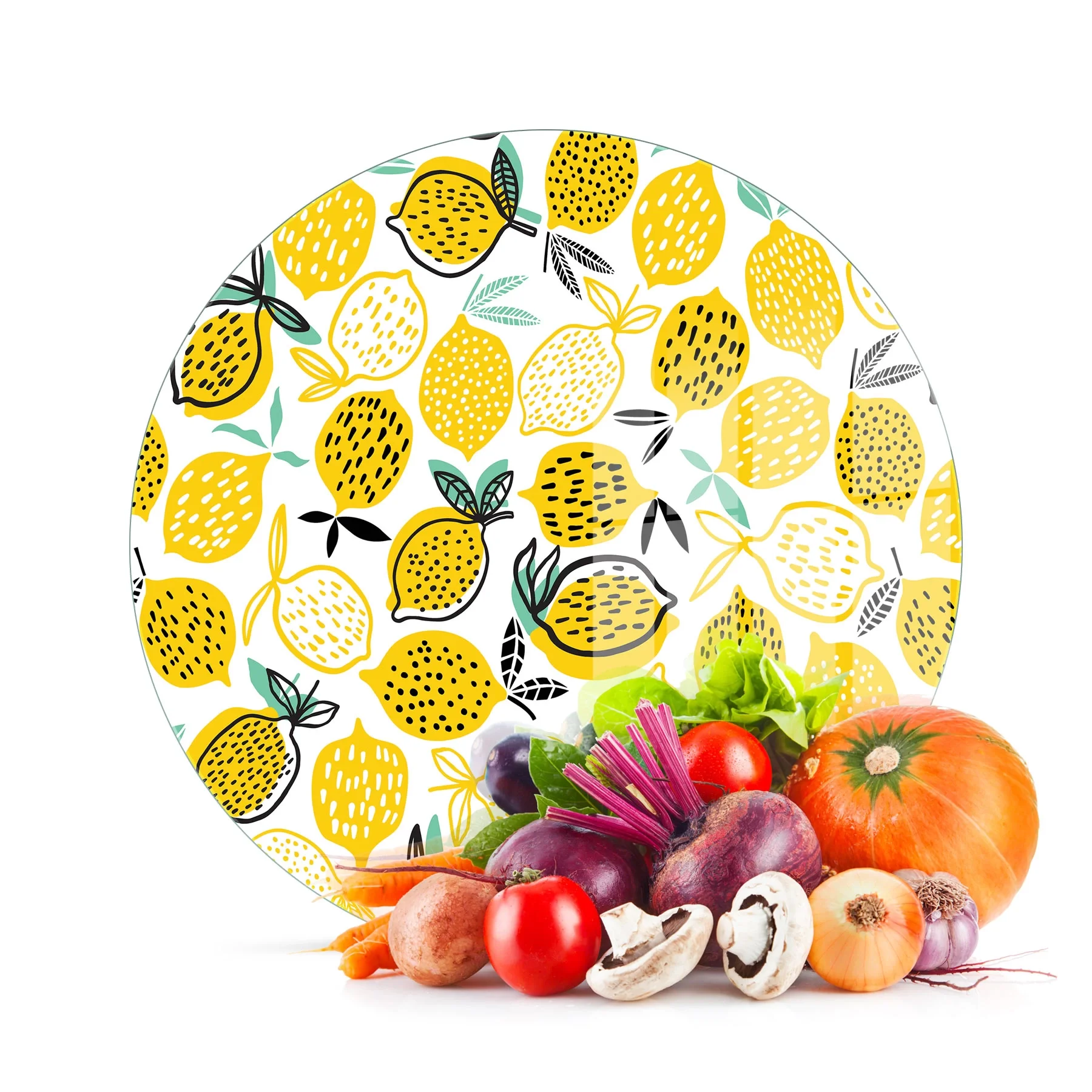 Decovetro Cam Kesme Tahtası ve Sunumluk Yuvarlak Limon Desenli 30x30 Cm