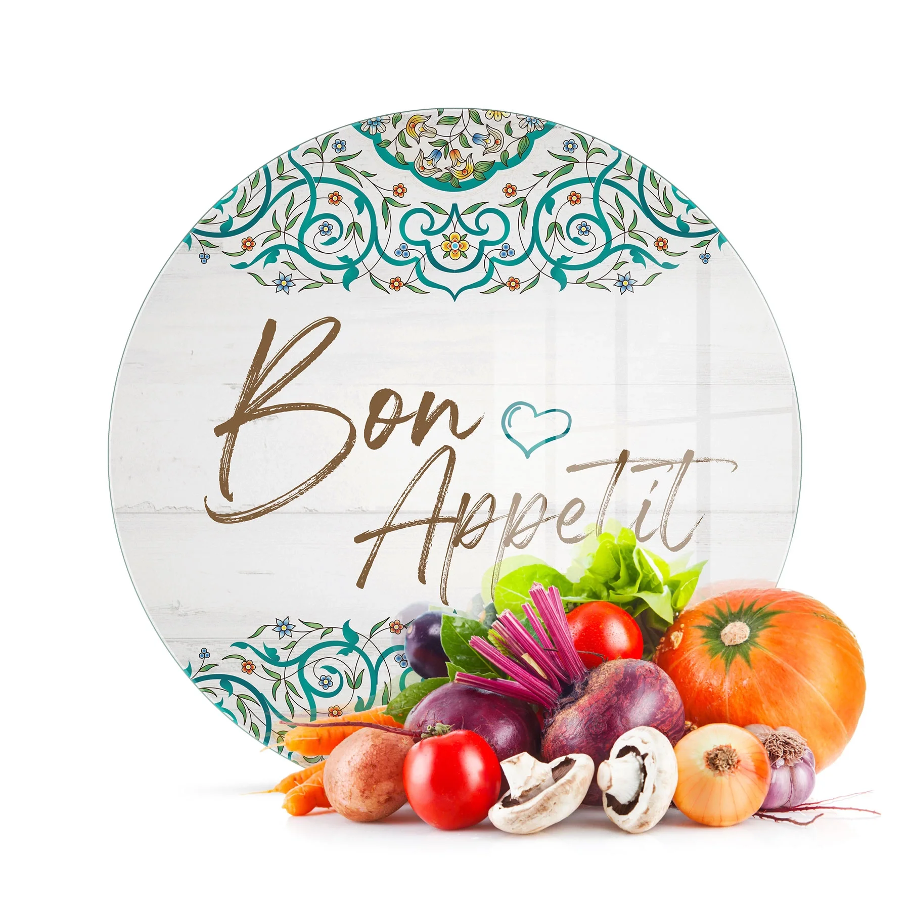 Decovetro Cam Kesme Tahtası ve Sunumluk Yuvarlak Bon Appetit Desenli 30x30 Cm