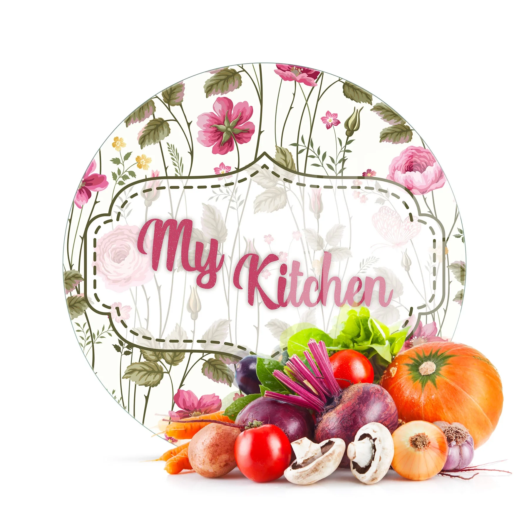 Decovetro Cam Kesme Tahtası ve Sunumluk Yuvarlak My Kitchen Çicek Desenli 30x30 Cm
