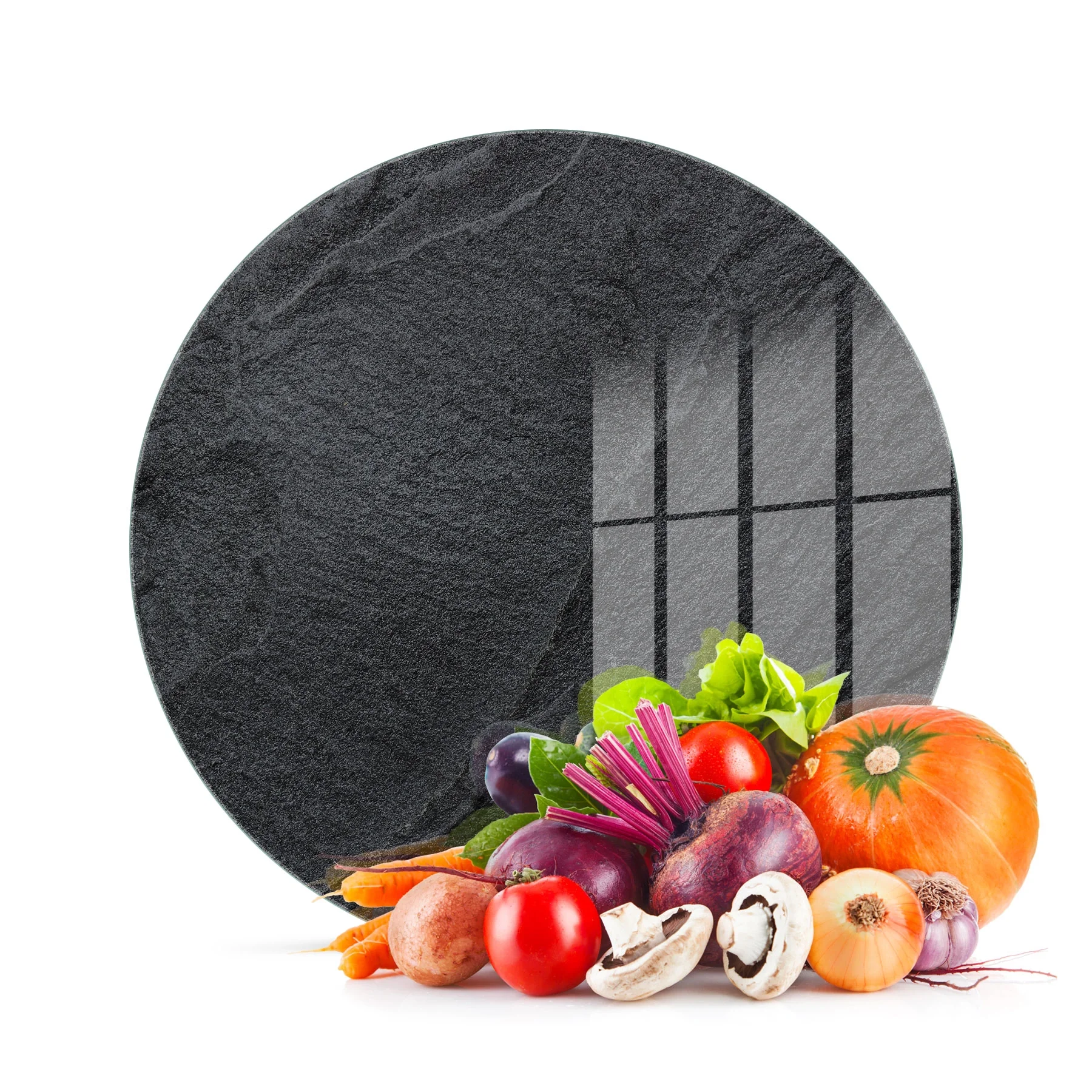 Decovetro Cam Kesme Tahtası ve Sunumluk Yuvarlak Siyah Taş Desenli 30x30 Cm