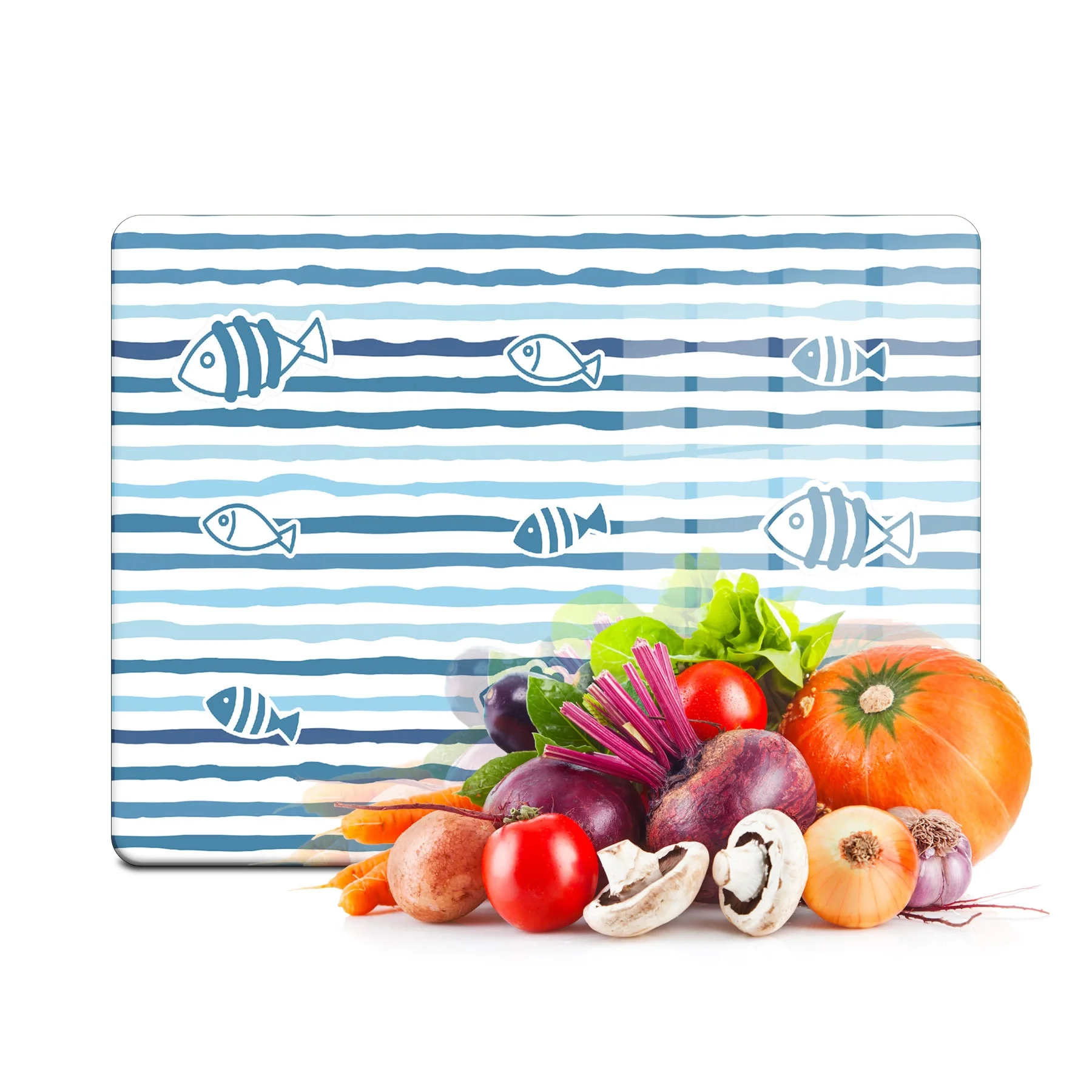 Decovetro Cam Kesme Tahtası ve Sunumluk Marine Blue Fish Line 30x40 Cm