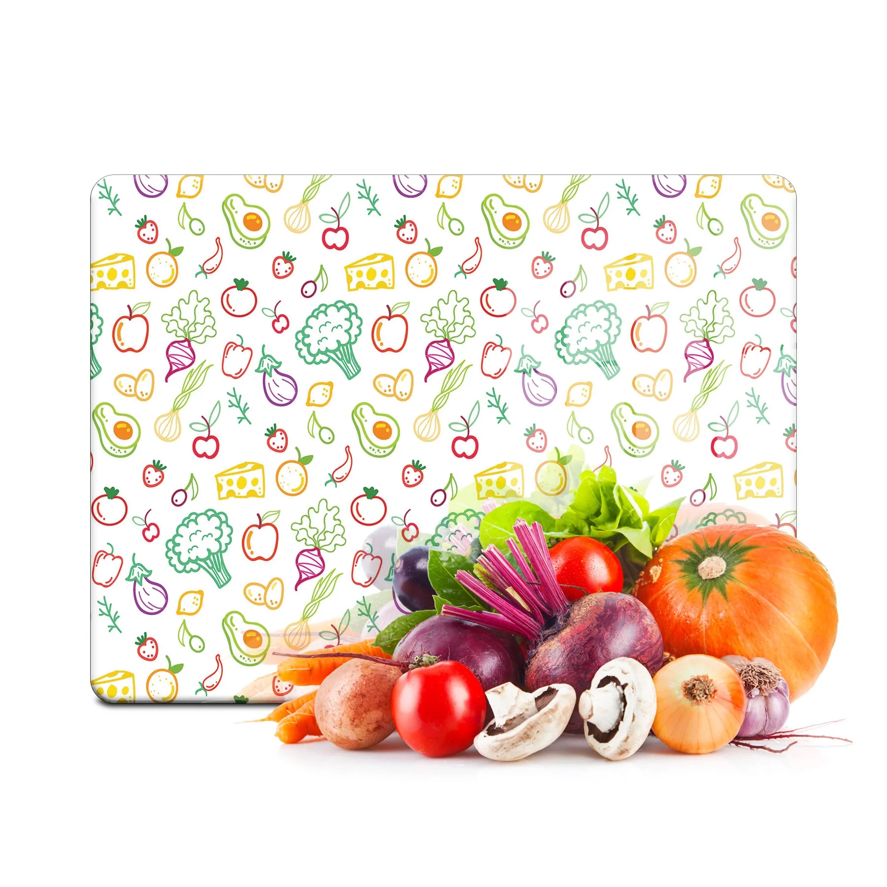 Decovetro Cam Kesme Tahtası ve Sunumluk Karışık Meyve Sebze Desenli 30x40 Cm