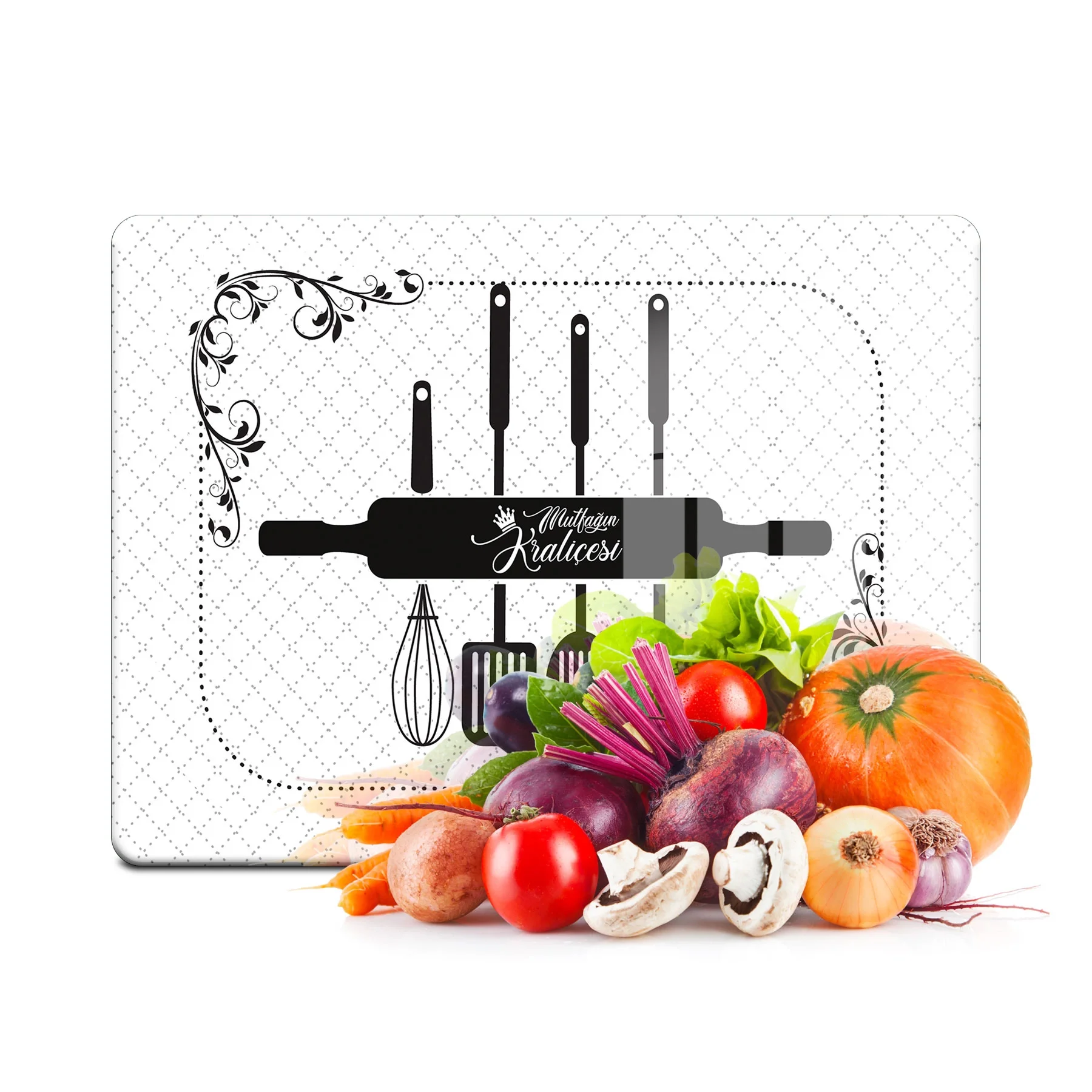 Decovetro Cam Kesme Tahtası ve Sunumluk Mutfak Kraliçesi Desenli 30x40 Cm