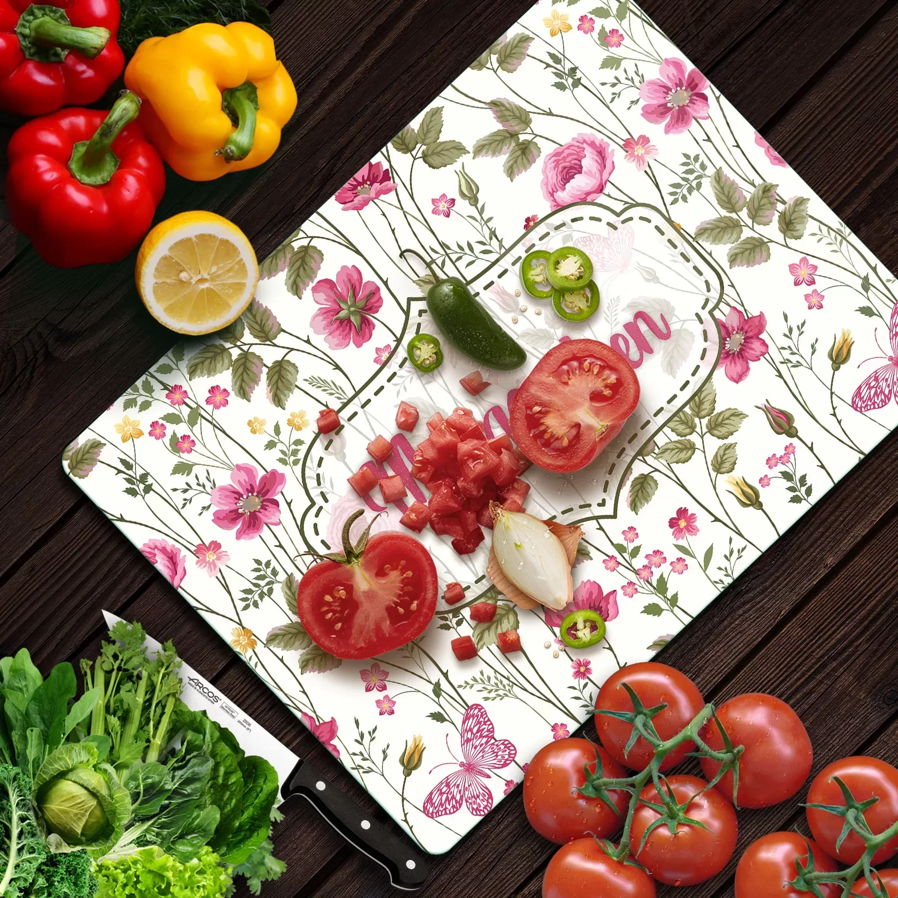Decovetro Cam Kesme Tahtası ve Sunumluk My Kitchen Çicek Desenli 20x30 Cm