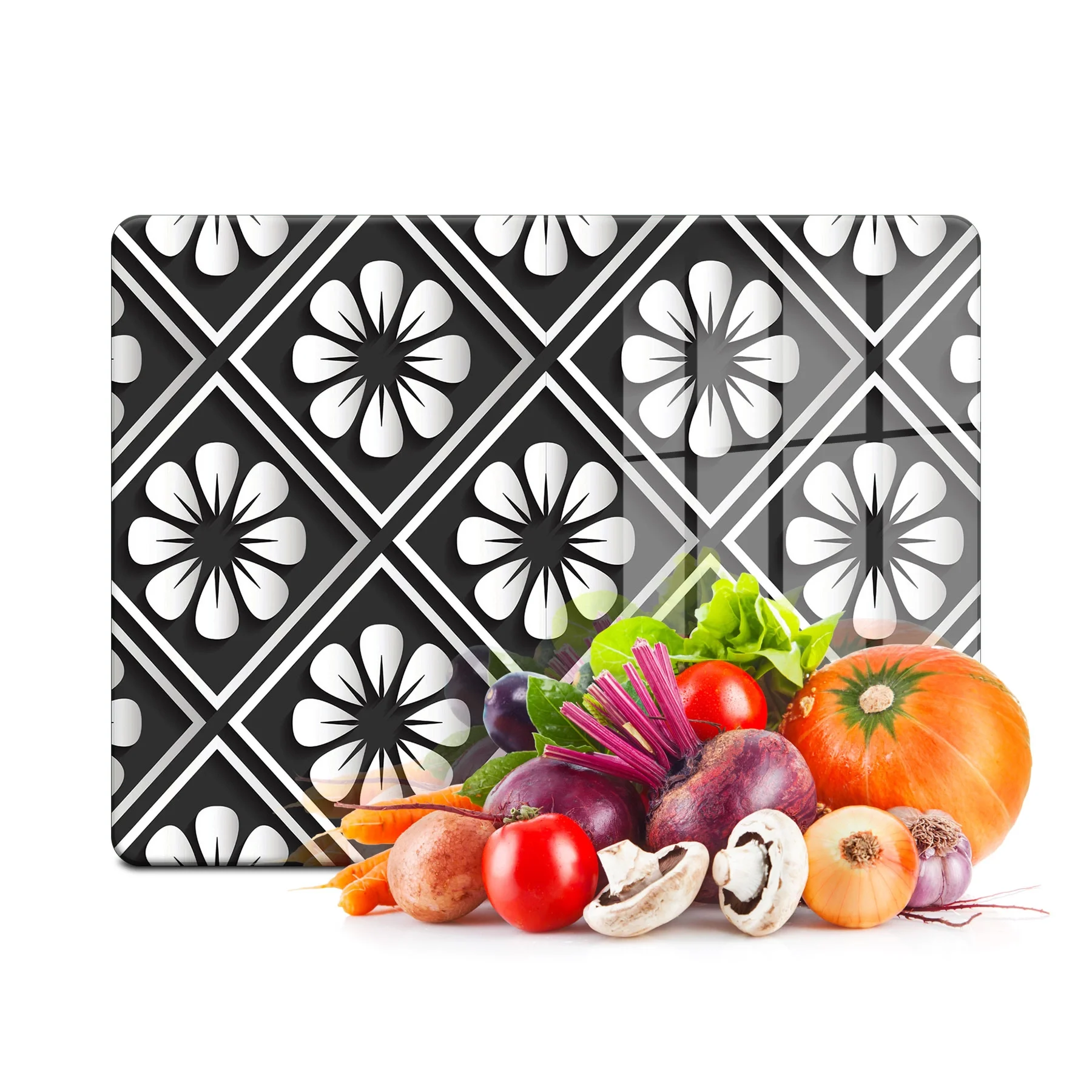Decovetro Cam Kesme Tahtası ve Sunumluk Siyah Çini Desenli 30x40 Cm