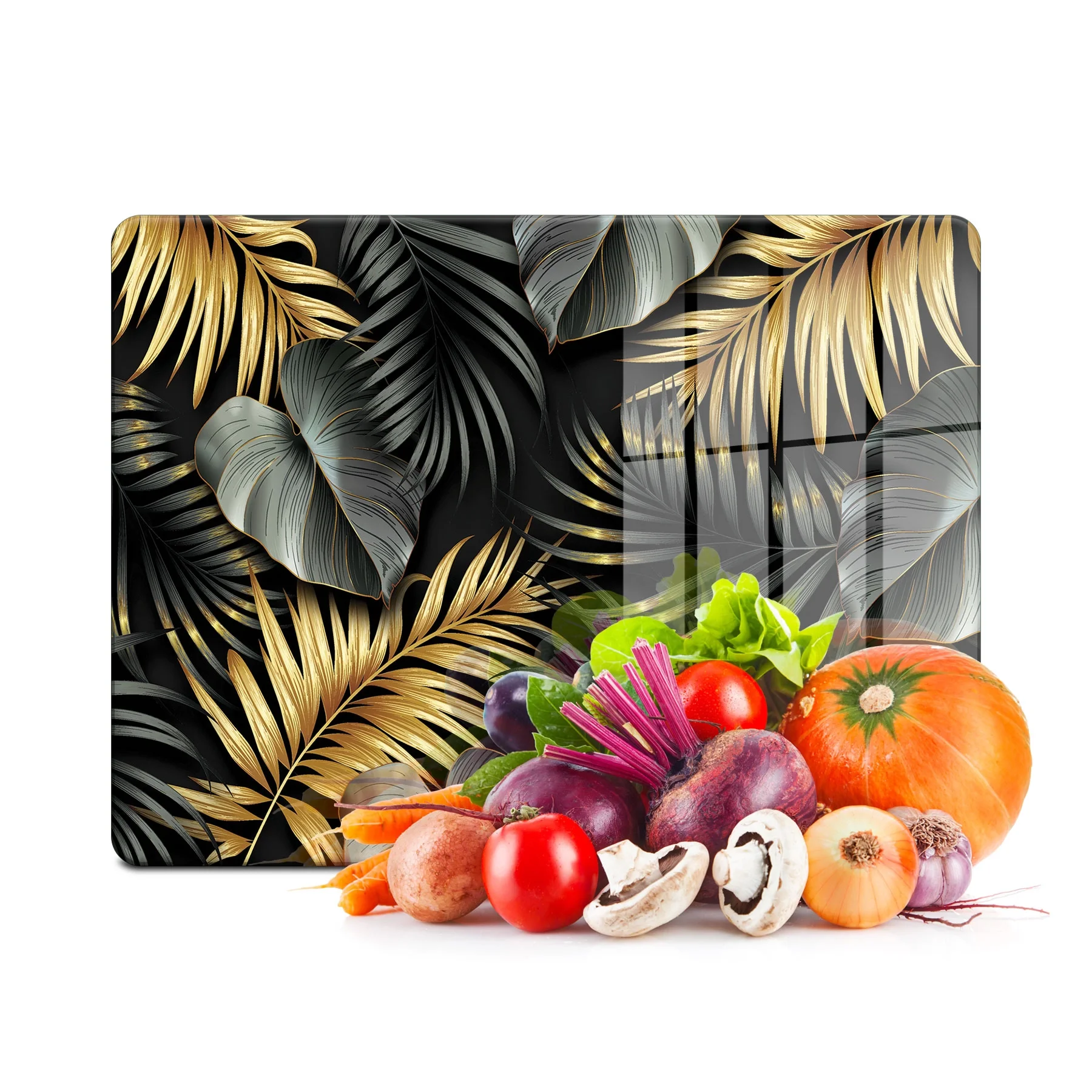 Decovetro Cam Kesme Tahtası ve Sunumluk Siyah Gold Çiçek Desenli 30x40 Cm