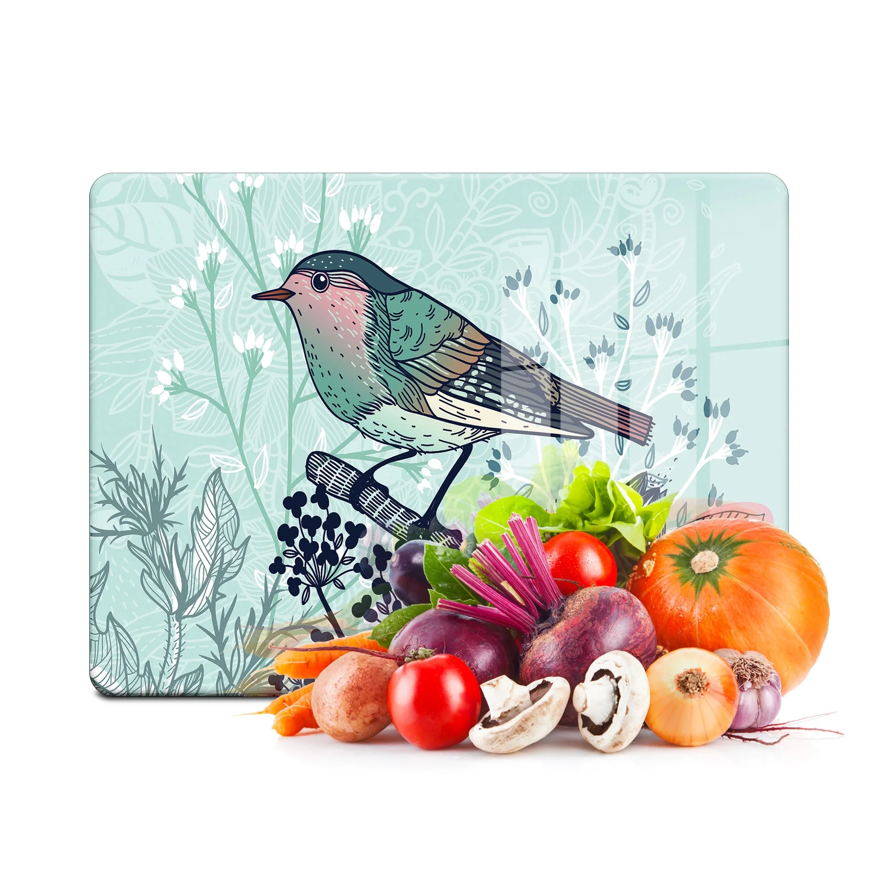 Decovetro Cam Kesme Tahtası ve Sunumluk Kuş Çiçek Renk Desenli 20x30 Cm