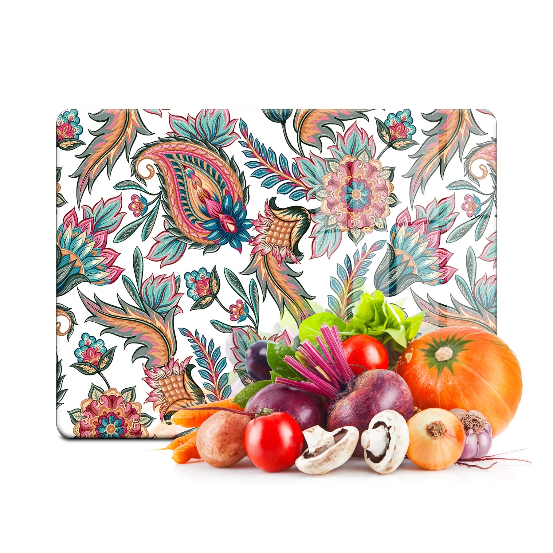 Decovetro Cam Kesme Tahtası ve Sunumluk Karışık Çini Çiçek Desenli 30x40 Cm