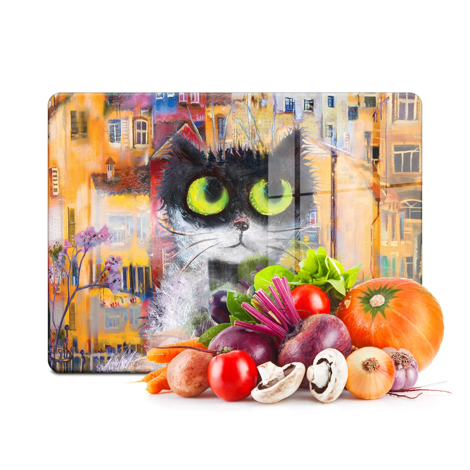 Decovetro Cam Kesme Tahtası ve Sunumluk Renkli Kedi Desenli 30x40 Cm