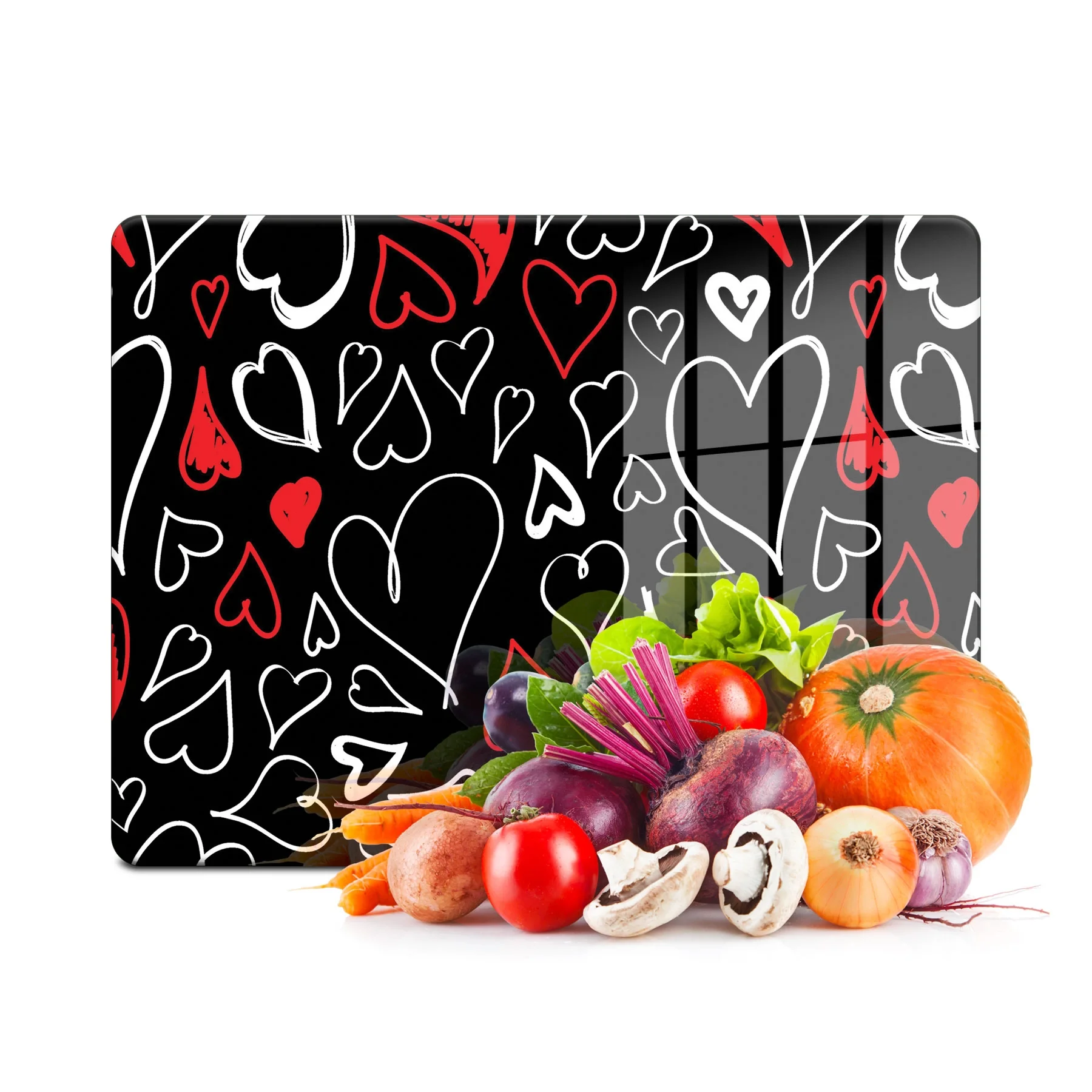 Decovetro Cam Kesme Tahtası ve Sunumluk Siyah Kalp Desenli 20x30 Cm