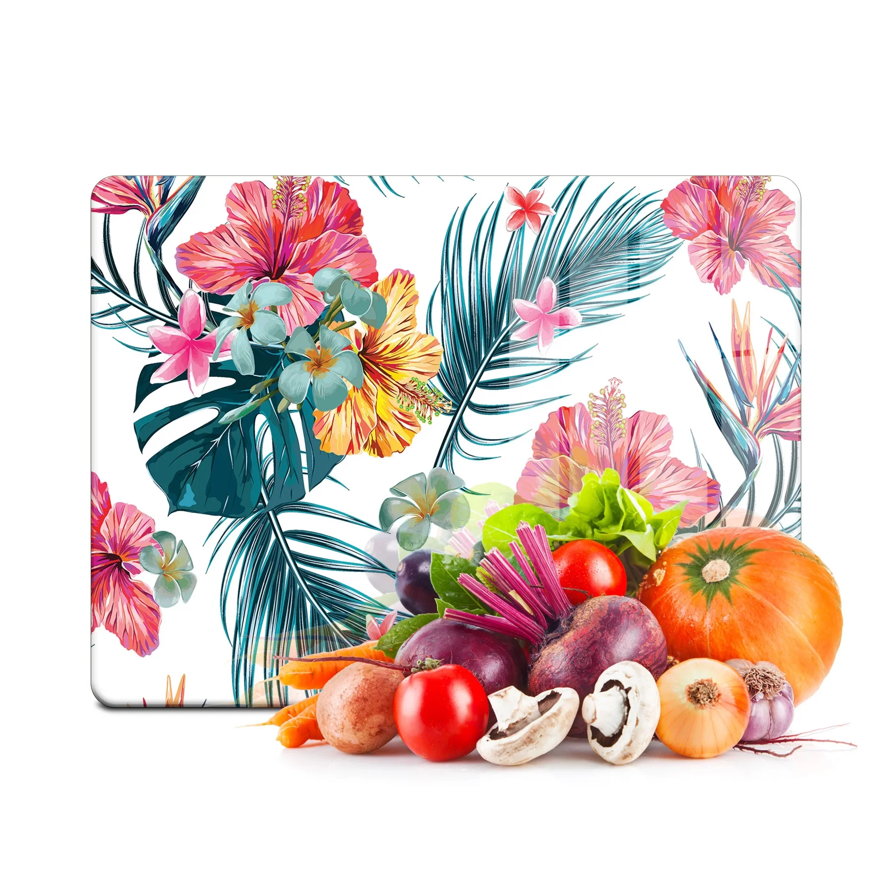 Decovetro Cam Kesme Tahtası ve Sunumluk Tropikal Çiçek Desenli 30x40 Cm