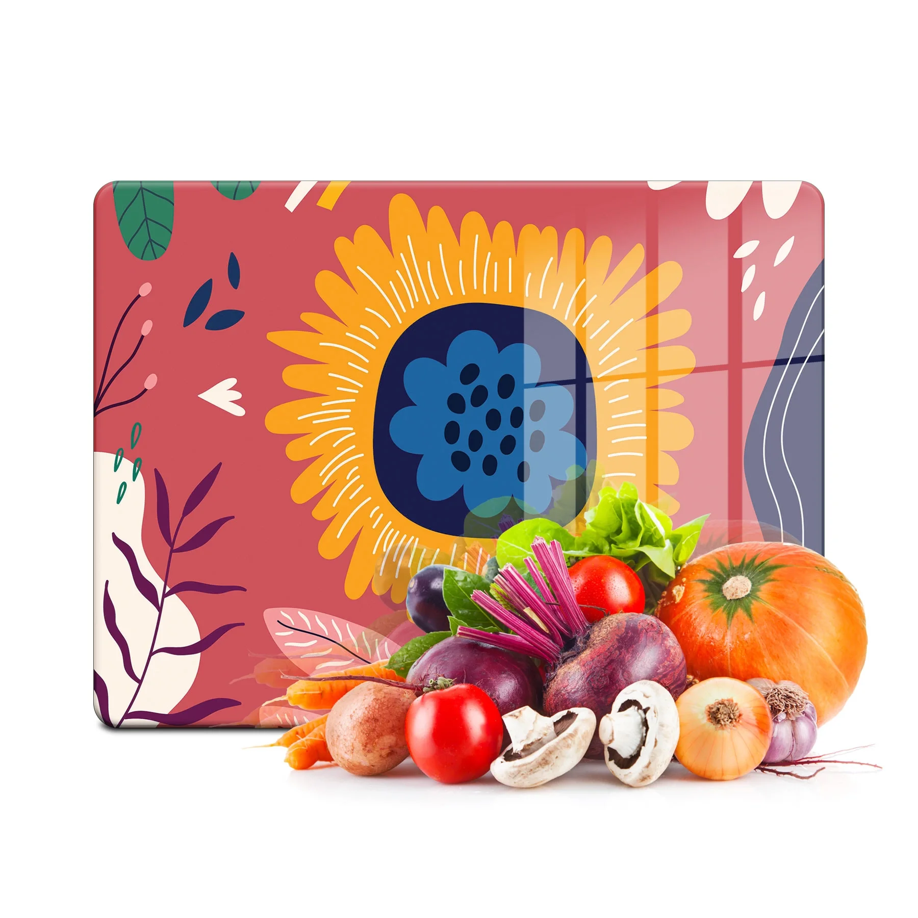 Decovetro Cam Kesme Tahtası ve Sunumluk Turuncu Mavi Çiçek Desenli 30x40 Cm