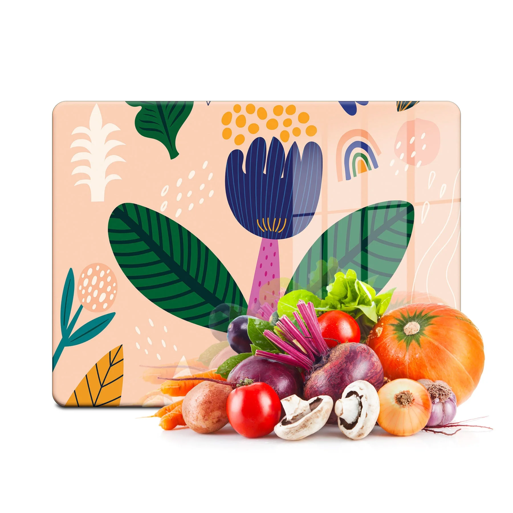 Decovetro Cam Kesme Tahtası ve Sunumluk Yeşil Pembe Lale Desenli 20x30 Cm