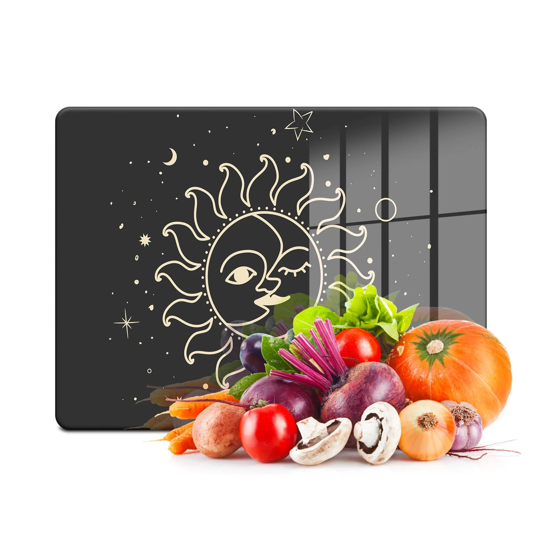 Decovetro Cam Kesme Tahtası ve Sunumluk My Kitchen Sun Moon Desenli 20x30 Cm
