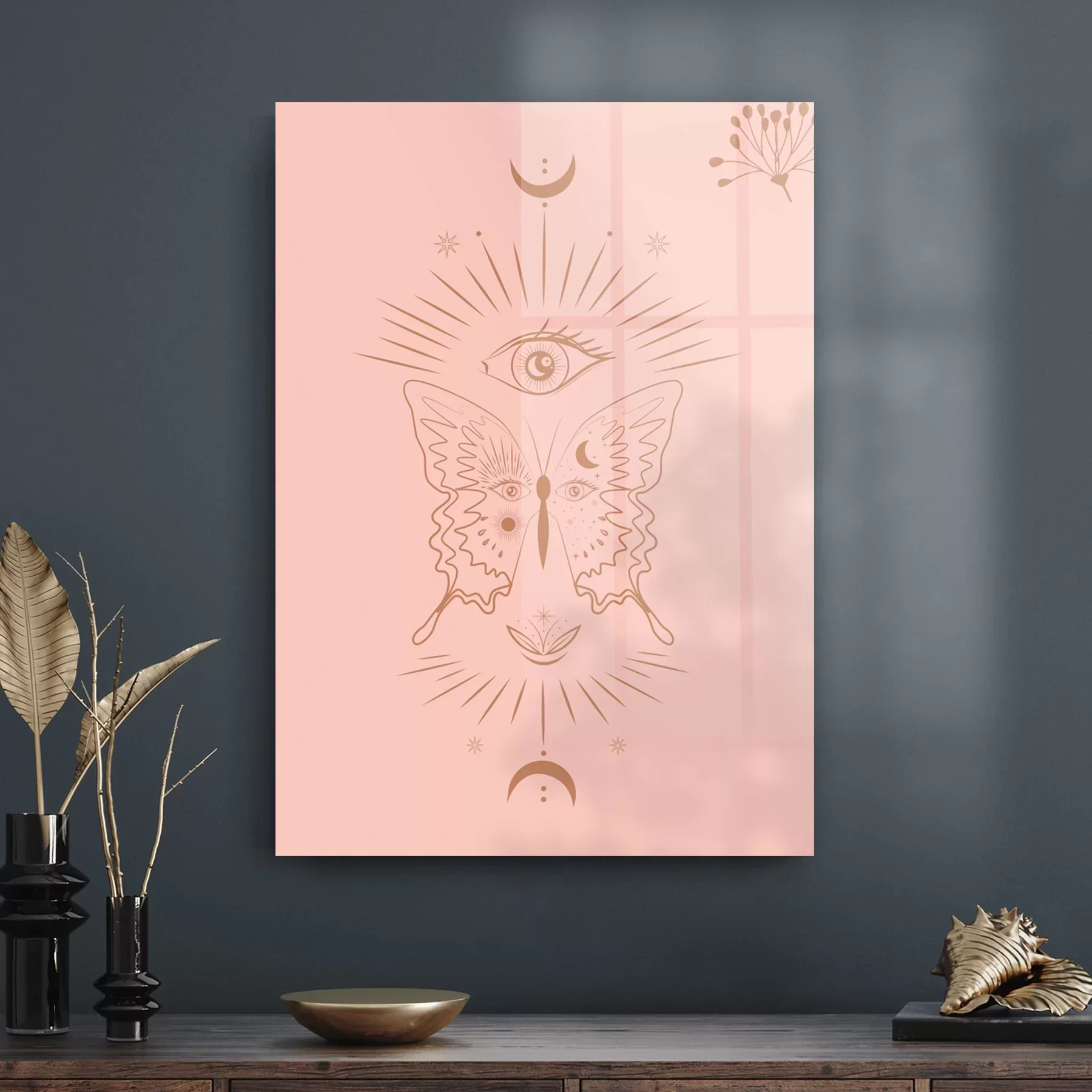 Decovetro Cam Tablo Pembe Göz ve Kelebek 50x70 cm