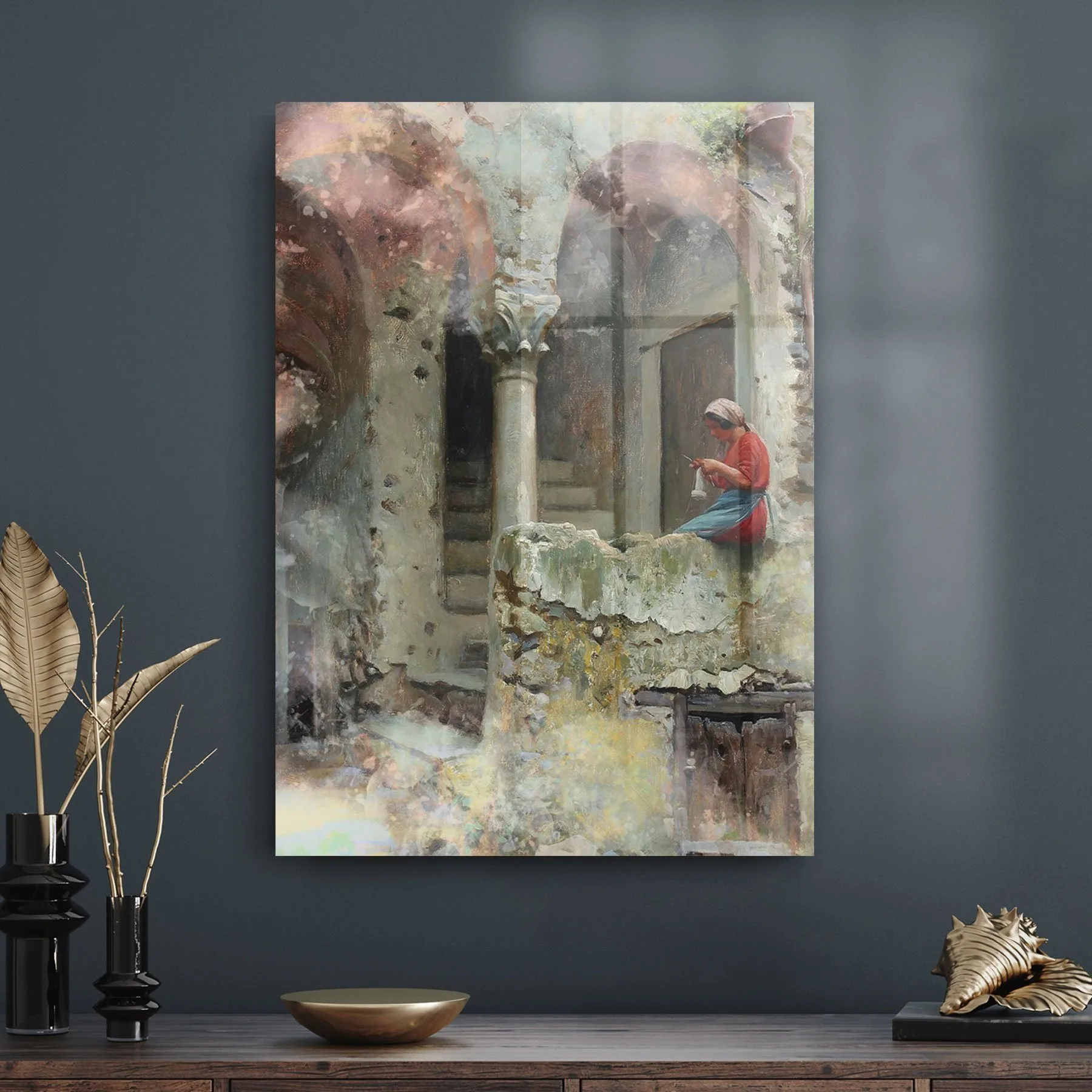 Decovetro Cam Tablo Yağlı Boya Örgücü Kız 70x100 cm