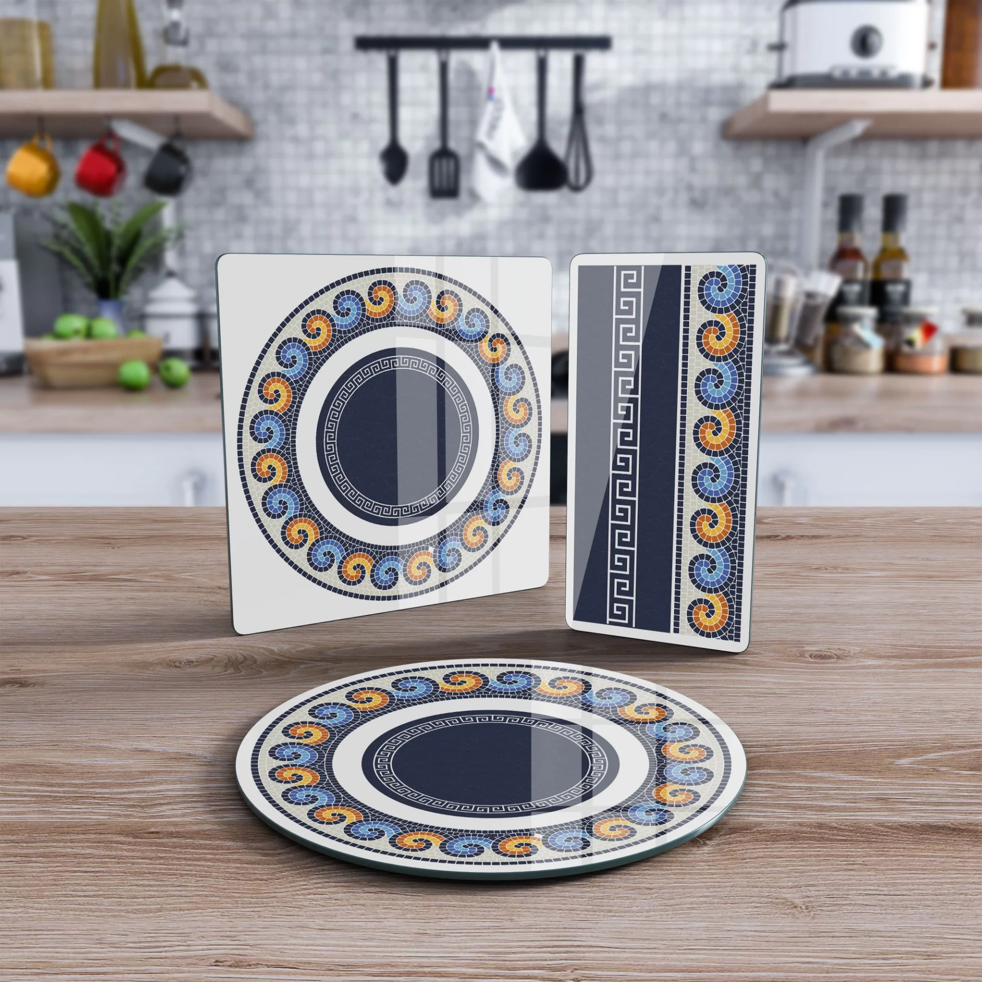 Decovetro Cam Sunum Servis Tabağı 3'lü Karma Set Renkli Geometrik Desenli