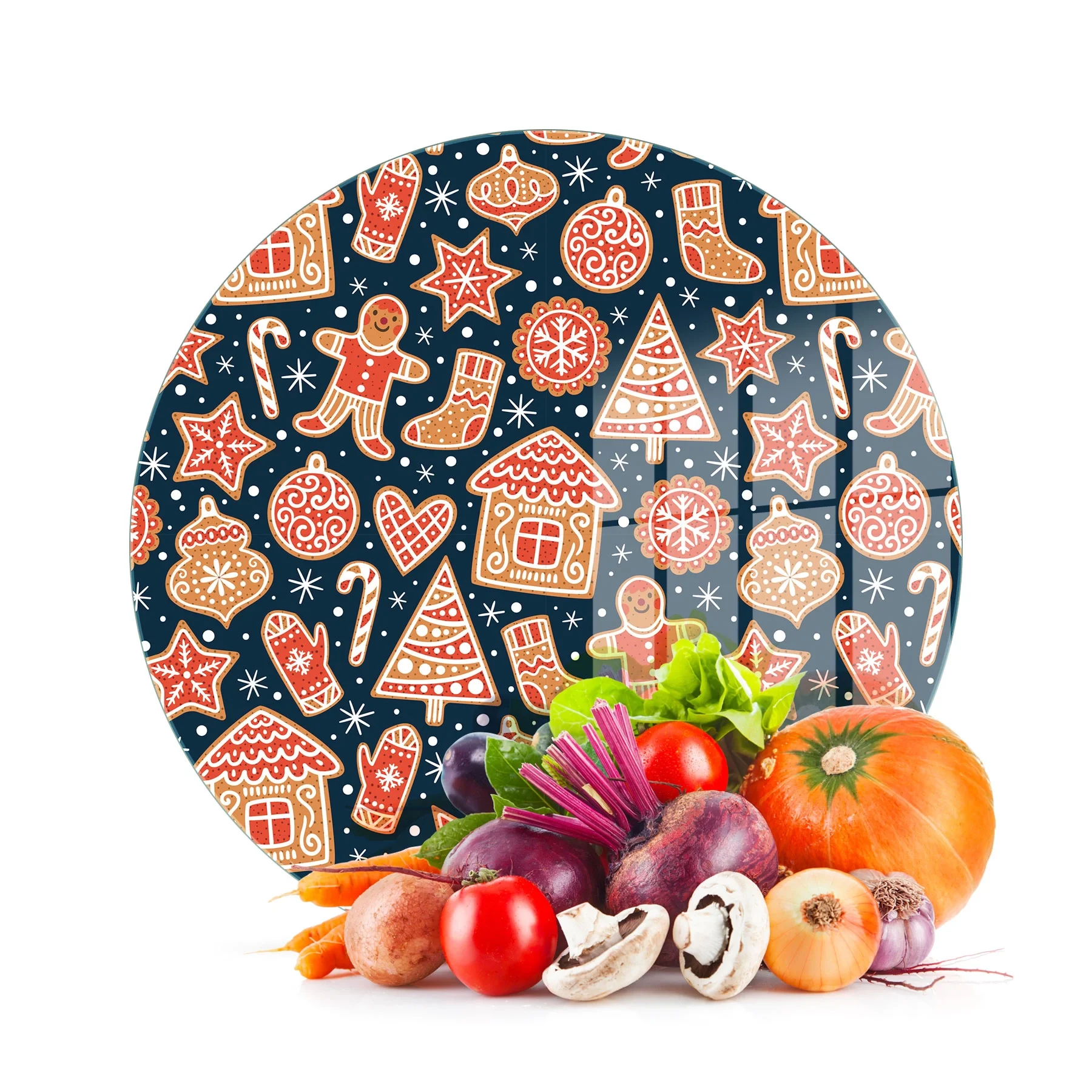 Decovetro Cam Kesme Tahtası ve Sunumluk Yuvarlak Yılbaşı Kurabiye Desenli 30x30 cm