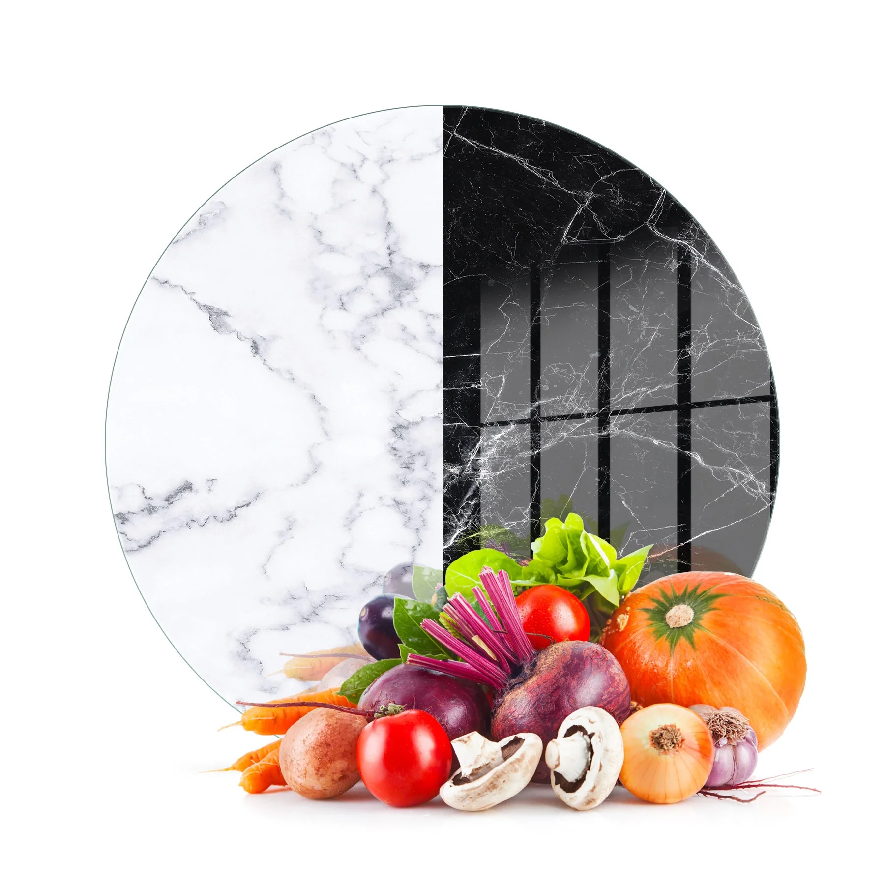 Decovetro Cam Kesme Tahtası ve Sunumluk Yuvarlak Double Siyah Beyaz Mermer Desenli 30x30 cm