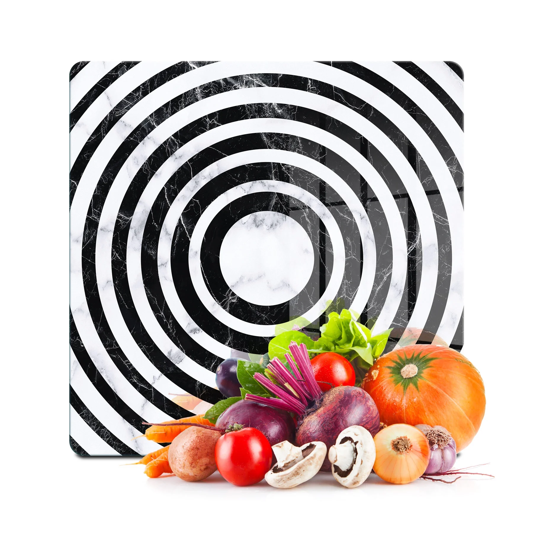 Decovetro Cam Kesme Tahtası ve Sunumluk Kare Siyah Beyaz Karışık Mermer Desenli 30x30 Cm