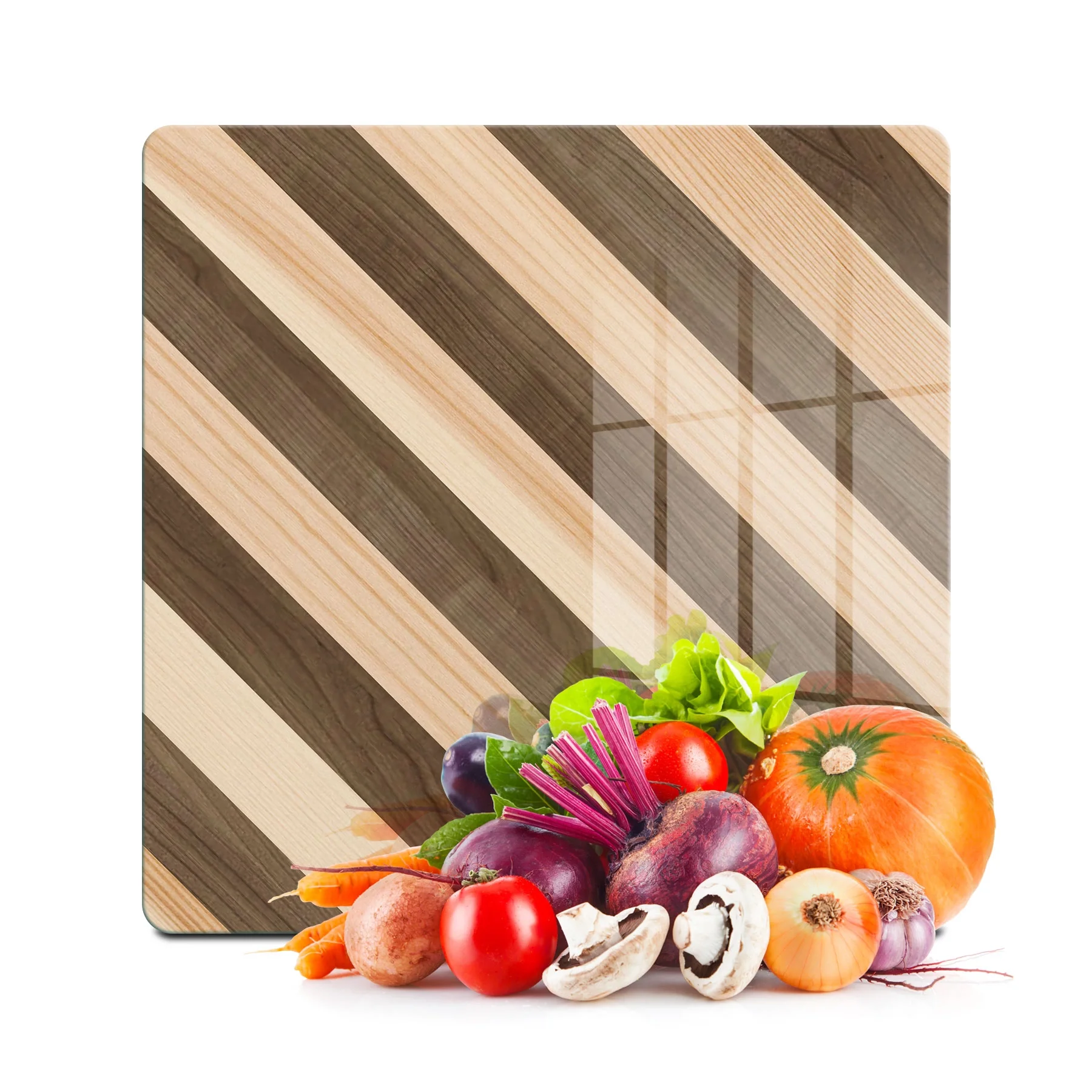 Decovetro Cam Kesme Tahtası ve Sunumluk Kare Karışık Ahşap Desenli 30x30 cm
