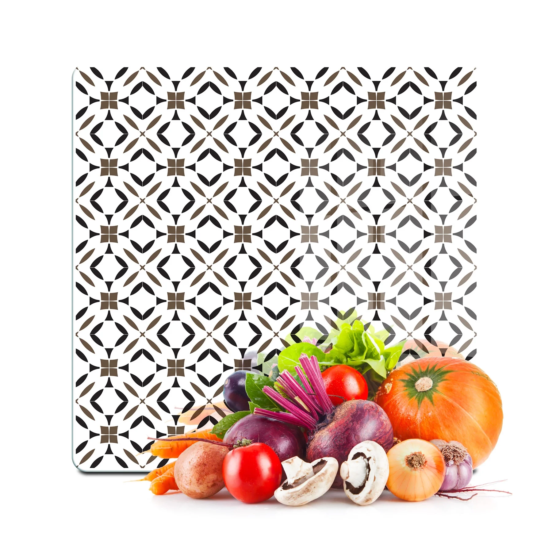 Decovetro Cam Kesme Tahtası ve Sunumluk Kare Kahverengi Geometrik Desenli 30x30 cm