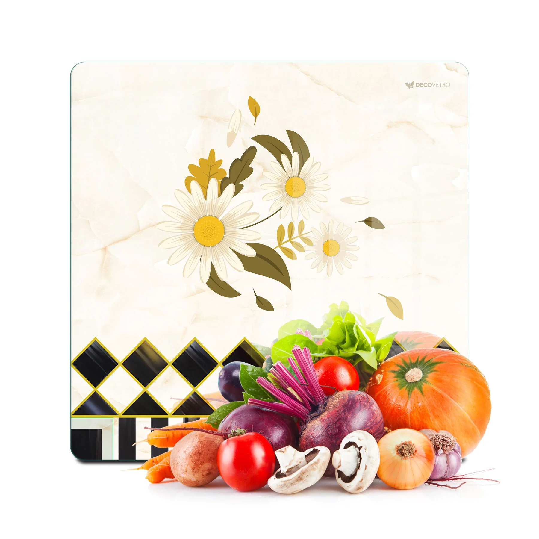 Decovetro Cam Kesme Tahtası ve Sunumluk Kare MacKenzie Vintage Papatya 30x30 cm