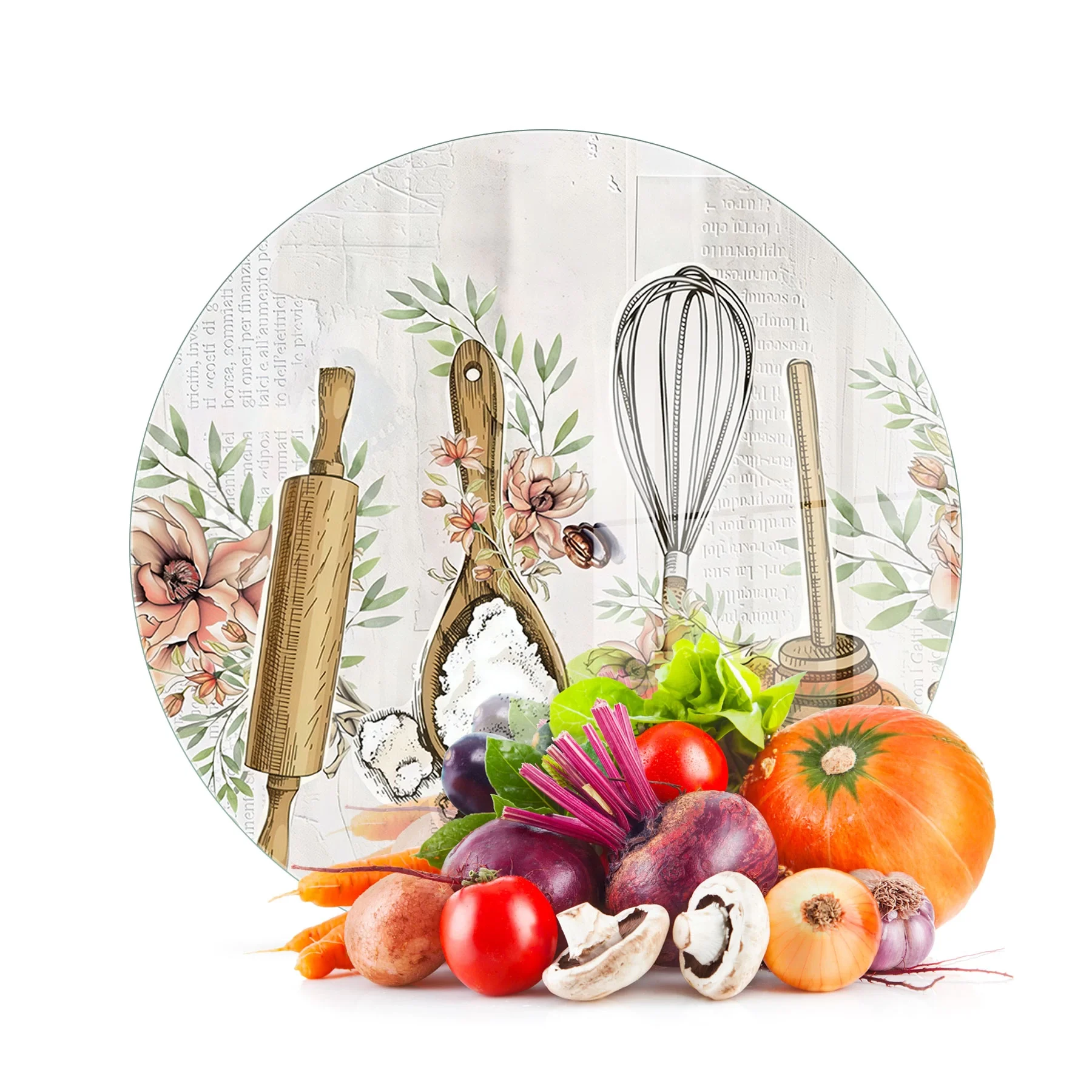 Decovetro Cam Kesme Tahtası ve Sunumluk Yuvarlak Kitchenware Desenli 30 x 30 cm