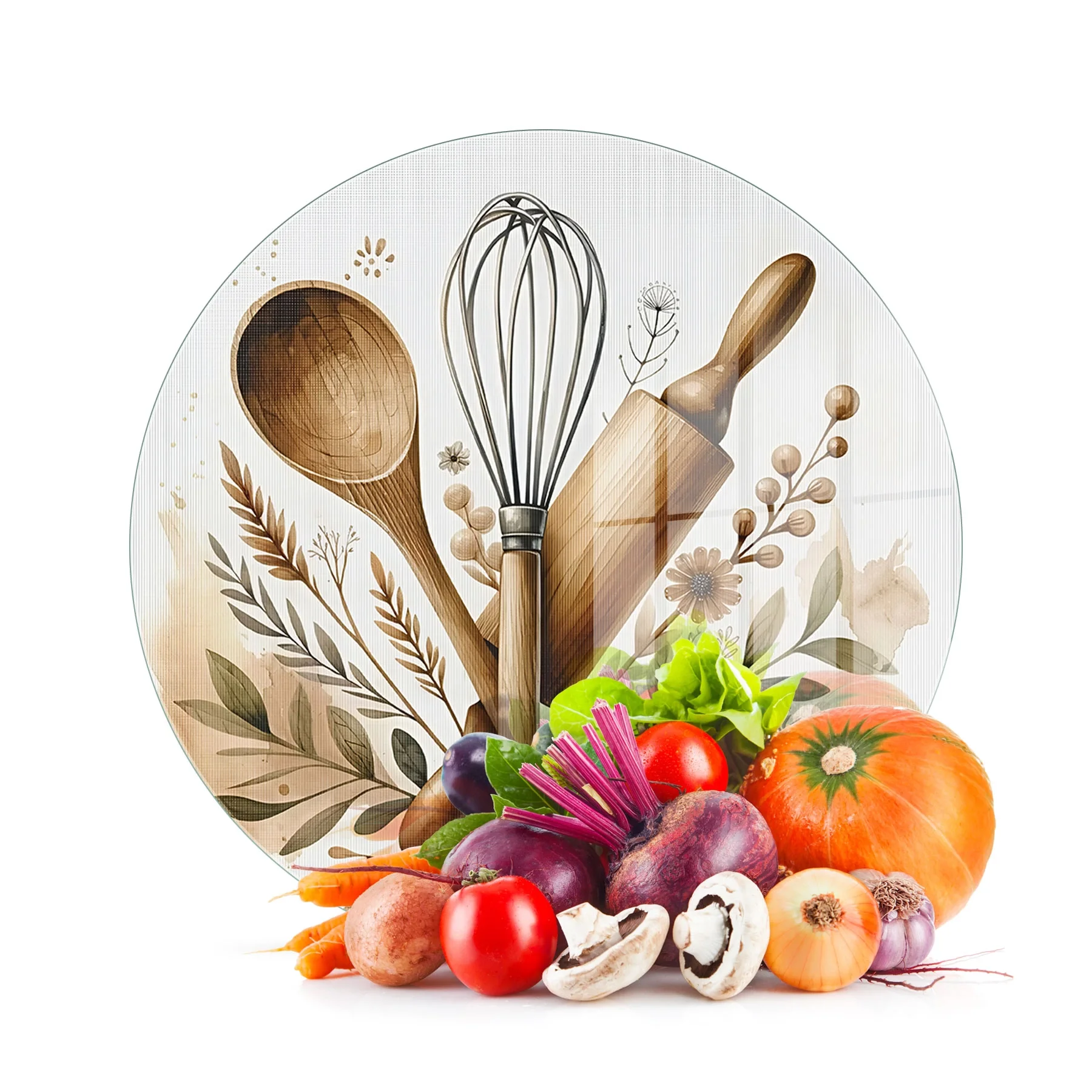 Decovetro Cam Kesme Tahtası ve Sunumluk Yuvarlak Kitchenware Desenli 30 x 30 cm