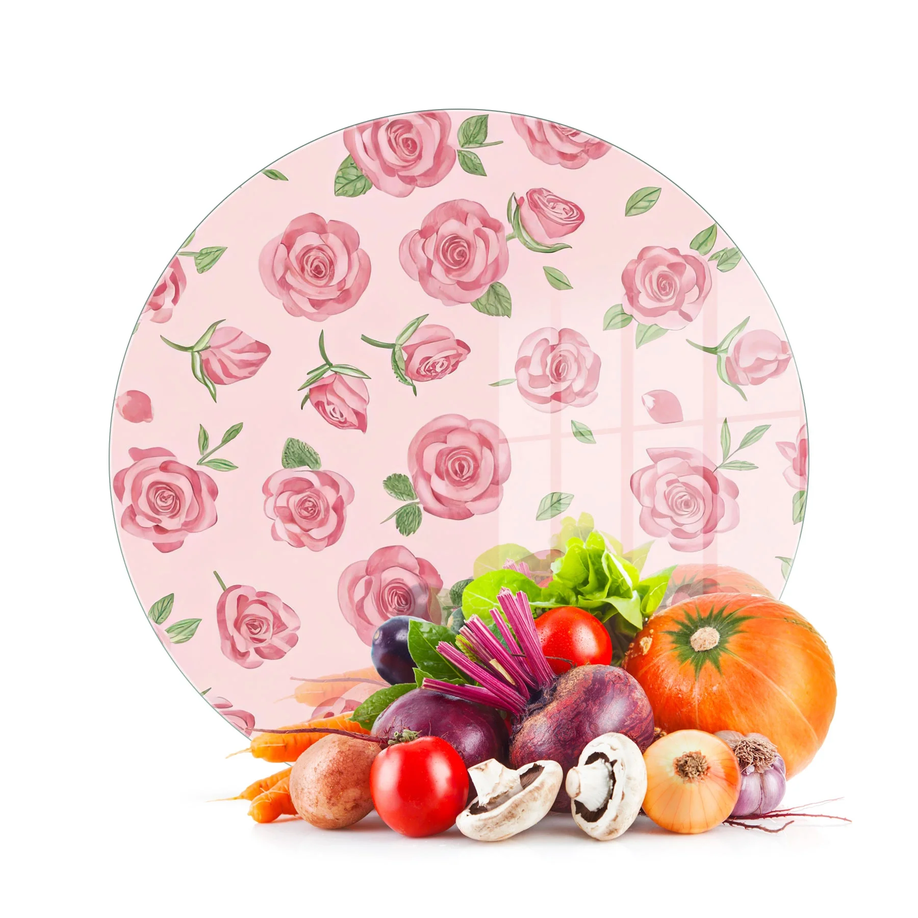 Decovetro Cam Kesme Tahtası ve Sunumluk Yuvarlak Love Serisi Gül Desenli 30 x 30 cm