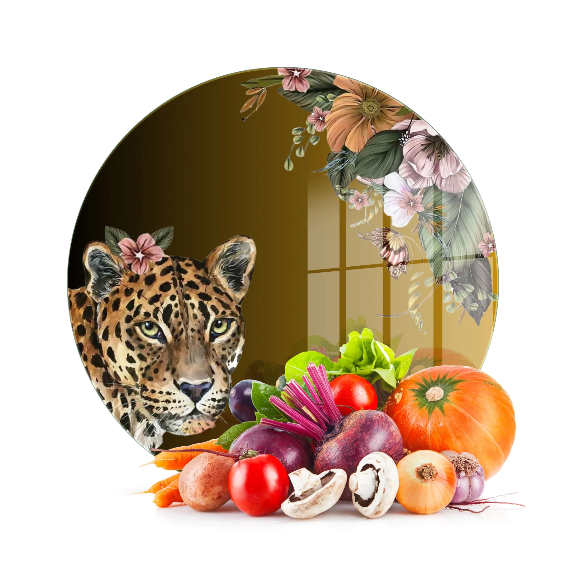 Decovetro Cam Kesme Tahtası ve Sunumluk Yuvarlak Tropik Leopar Desenli 30 x 30 cm