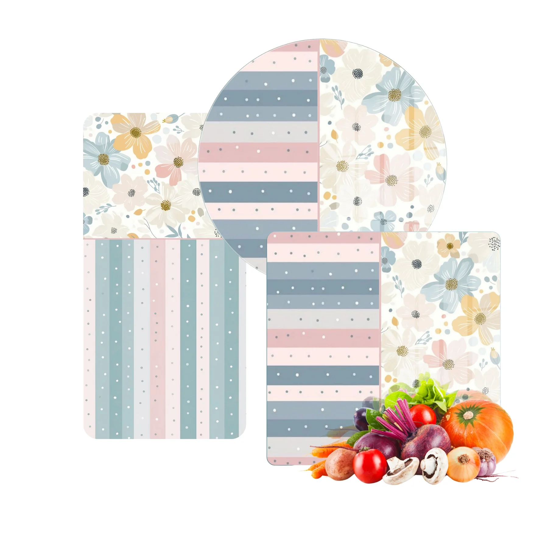 Decovetro Cam Sunum Servis Tabağı 3'lü Karma Set Flower & Stripes Desenli