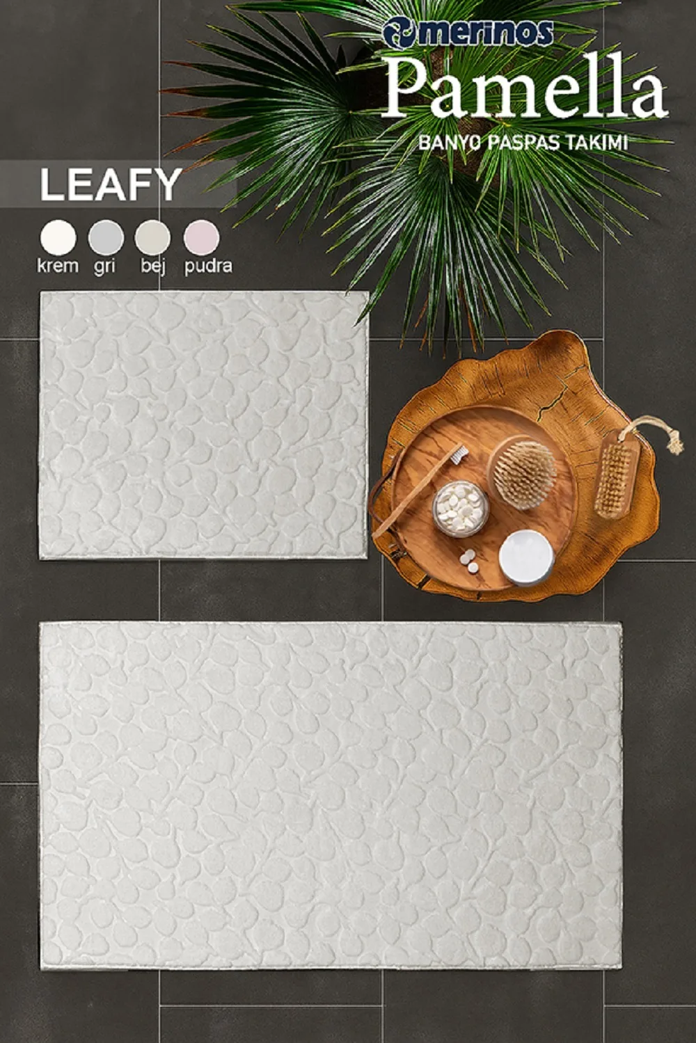 Merinos Pamella 2 Li Banyo Paspas Takımı Leafy Krem
