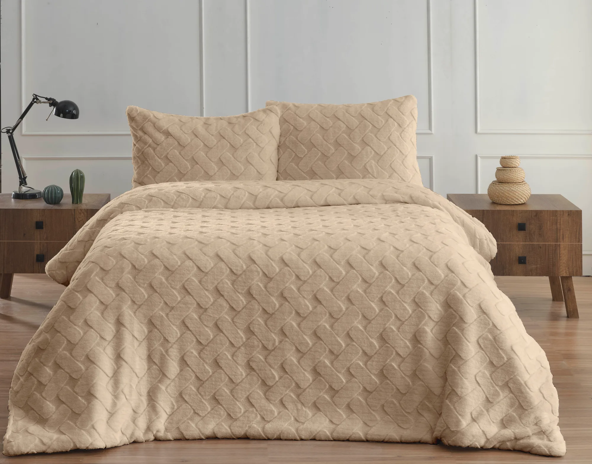 Merinos Diamond 3 Parça Pietra Kürk Comforter Set Koyu Bej