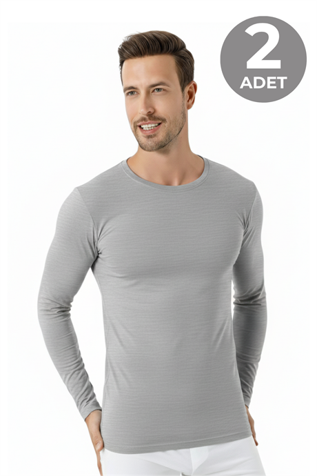 Gri Erkek Regular Fit Bisiklet Yaka Uzun Kollu Tişört 2'li Paket %100 Pamuk