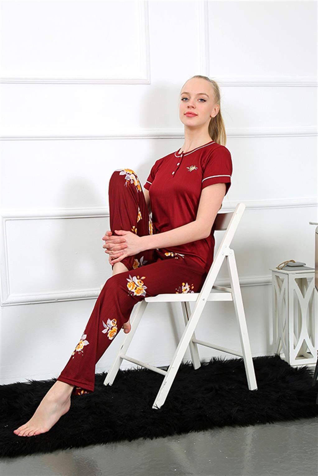Angelino Kadın Bordo Kısa Kol Pijama Takım 20388