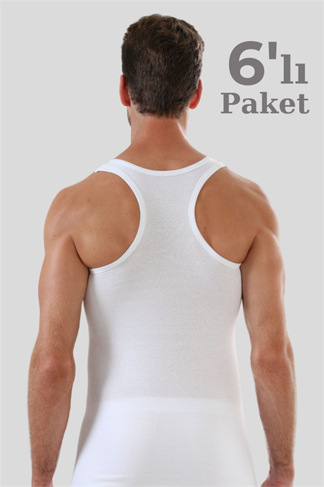 6'lı Paket Beyaz Erkek Sporcu Rambo Atlet %100 Pamuk Ribana