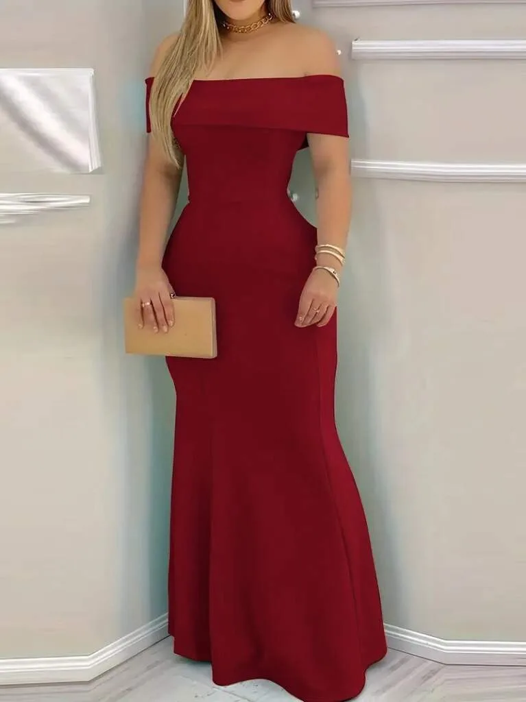 Kadın Kısa Kollu Madonna Yaka Belden Oturtmalı Uzun Ithal Krep Elbise