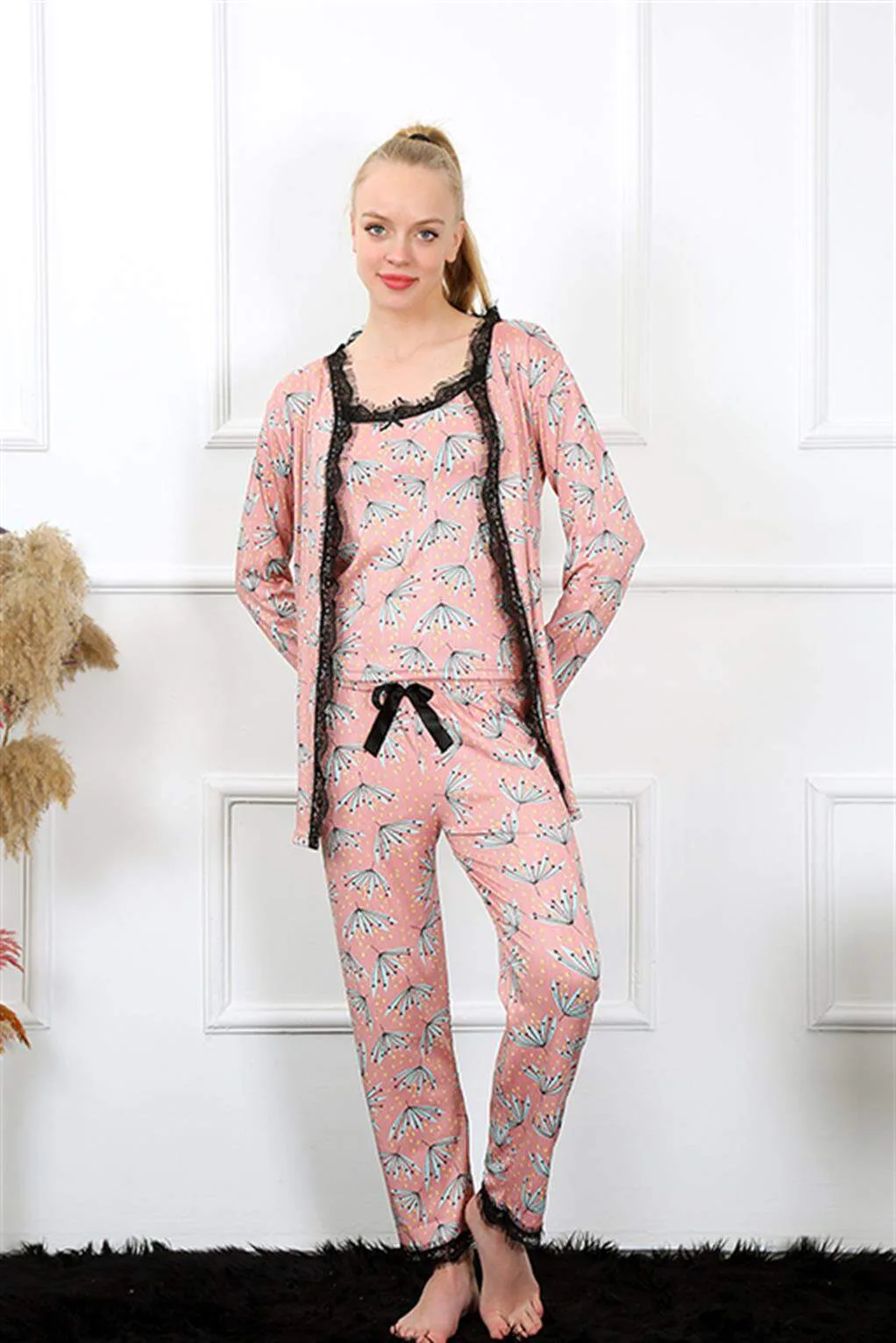 Angelino Kadın 3'lü Sabahlık Pijama Takım 16103 – Somon